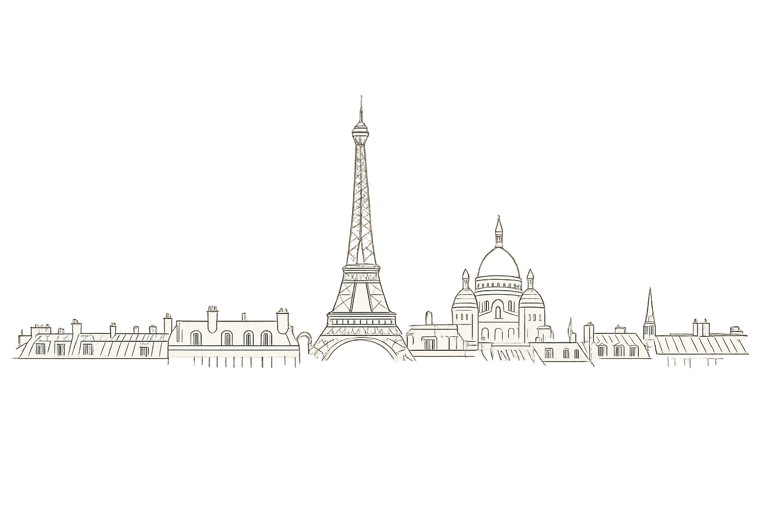 Illustration stylisée des monuments de Paris, notamment la Tour Eiffel et la Basilique du Sacré-Cœur, avec un ciel noir orné de lumières bleues verticales.