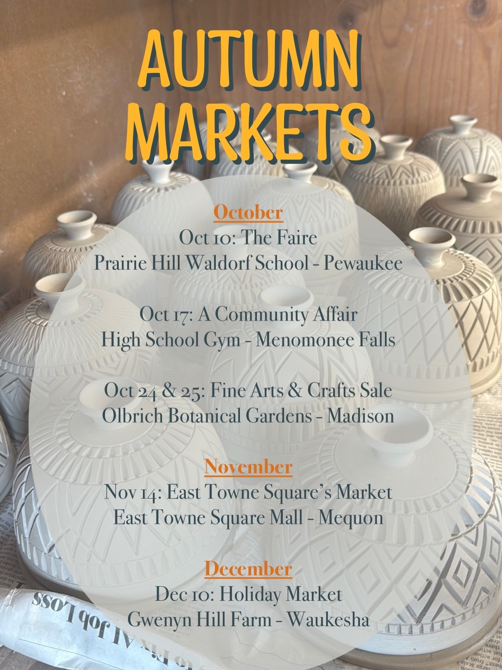 Here&rsquo;s where you can shop my ceramics in person for the rest of the year. The perfect chance to find unique gifts for your loved ones this holiday season! 

Every piece is handmade, one of a kind, and made to be enjoyed for many years to come. 