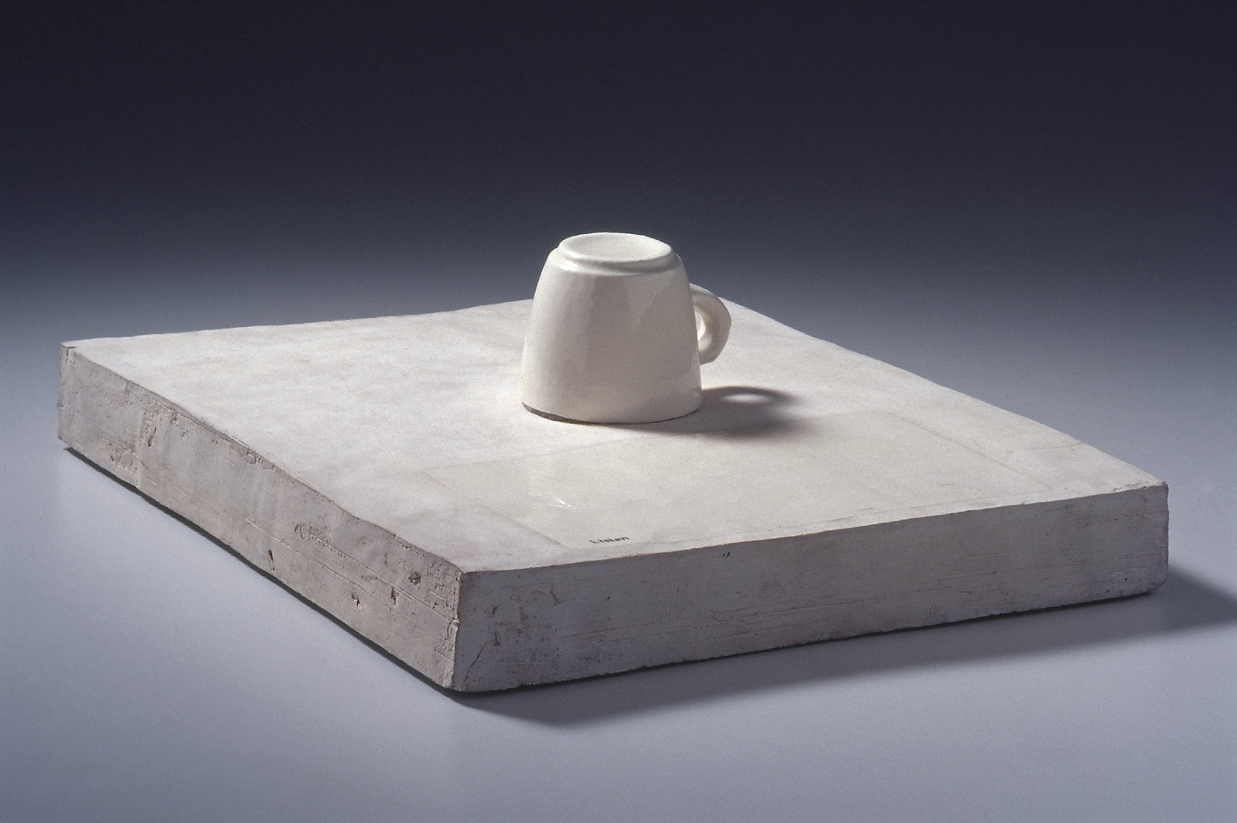 Listen with Inverted Cup, 1969 , stoneware with glaze and ceramic decal, 5" x 13.25" x 16"