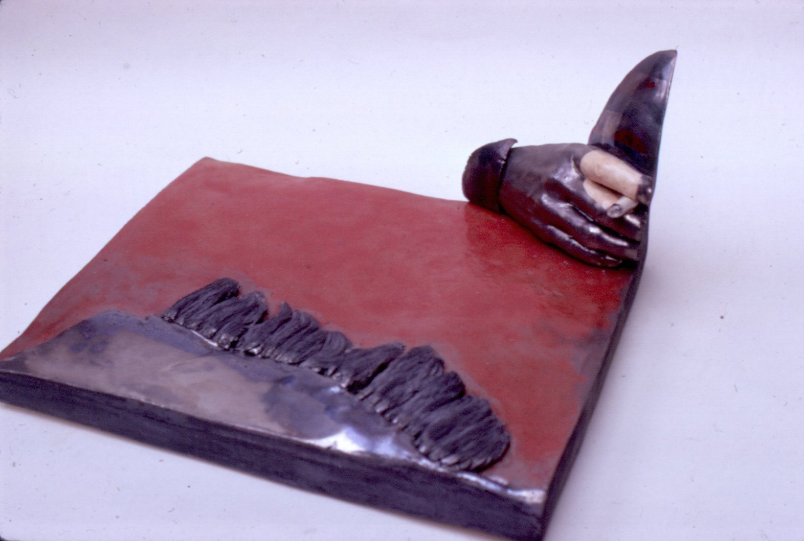 Untitled, 1969, stoneware with glaze and ceramic decal, 5" x 13.25" x 16"