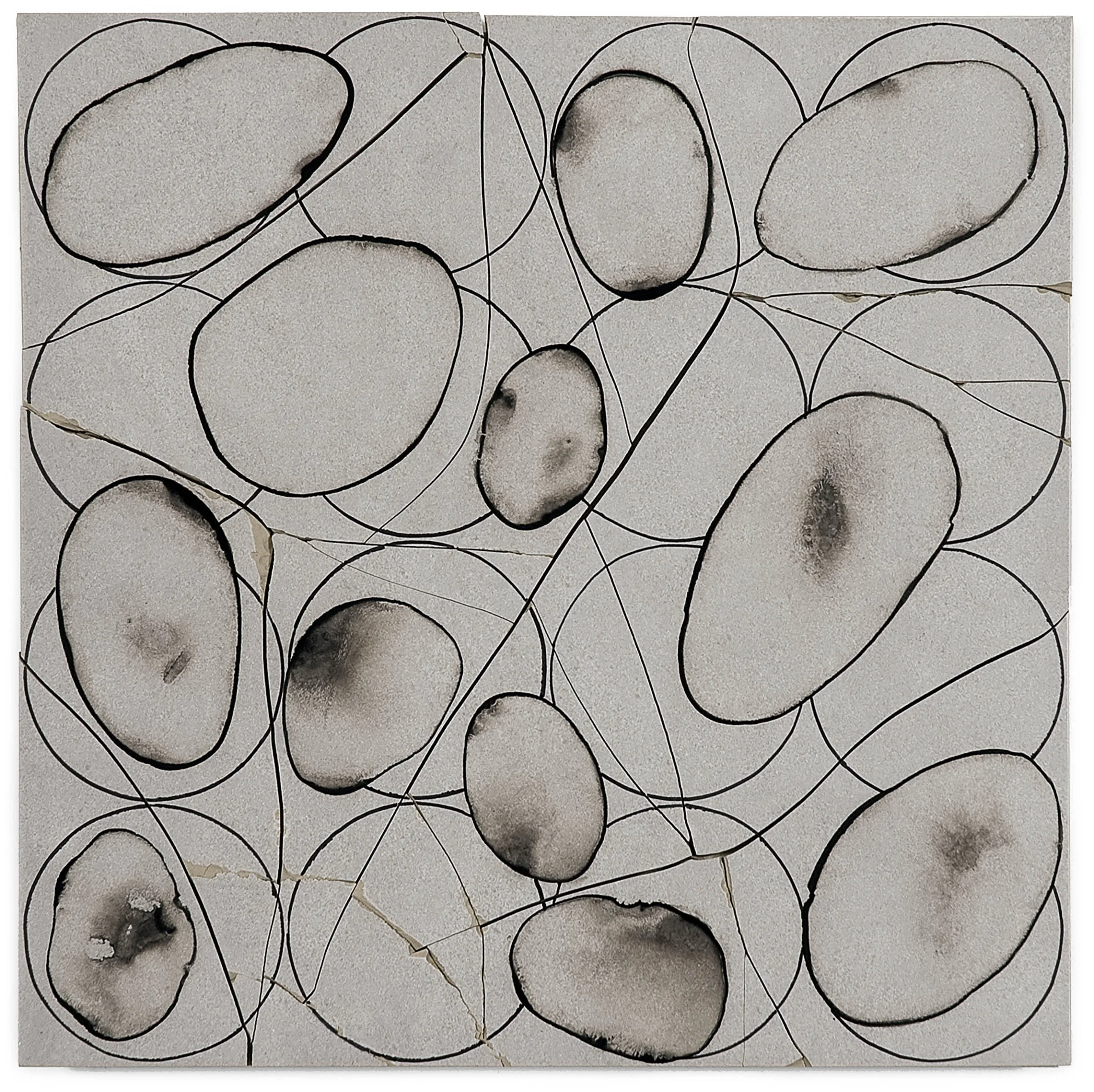 Misfits 5-5-2, 2011, broken and fired porcelain tile with glaze and ink, 18" x 18"
