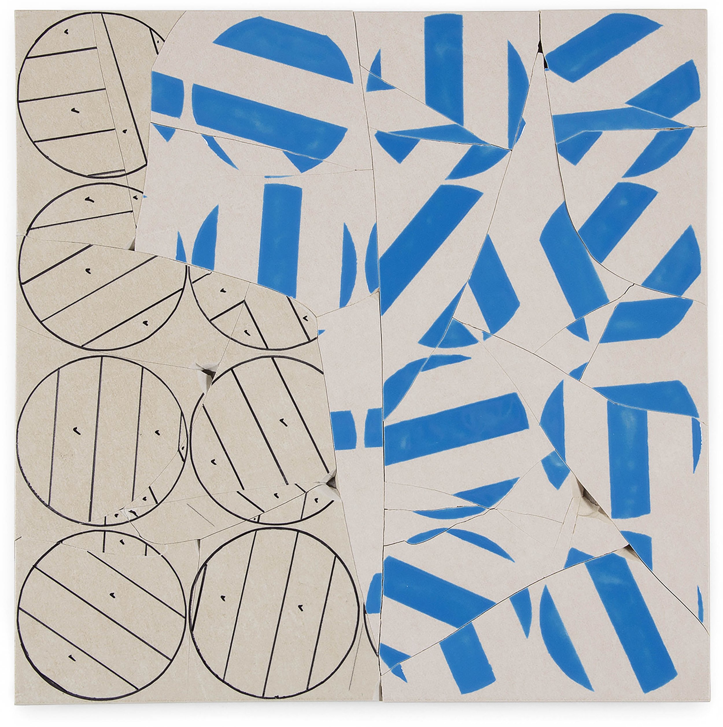 Score and Performance (blue), 2014, broken and fired porcelain tile with glaze, 18" x 18"