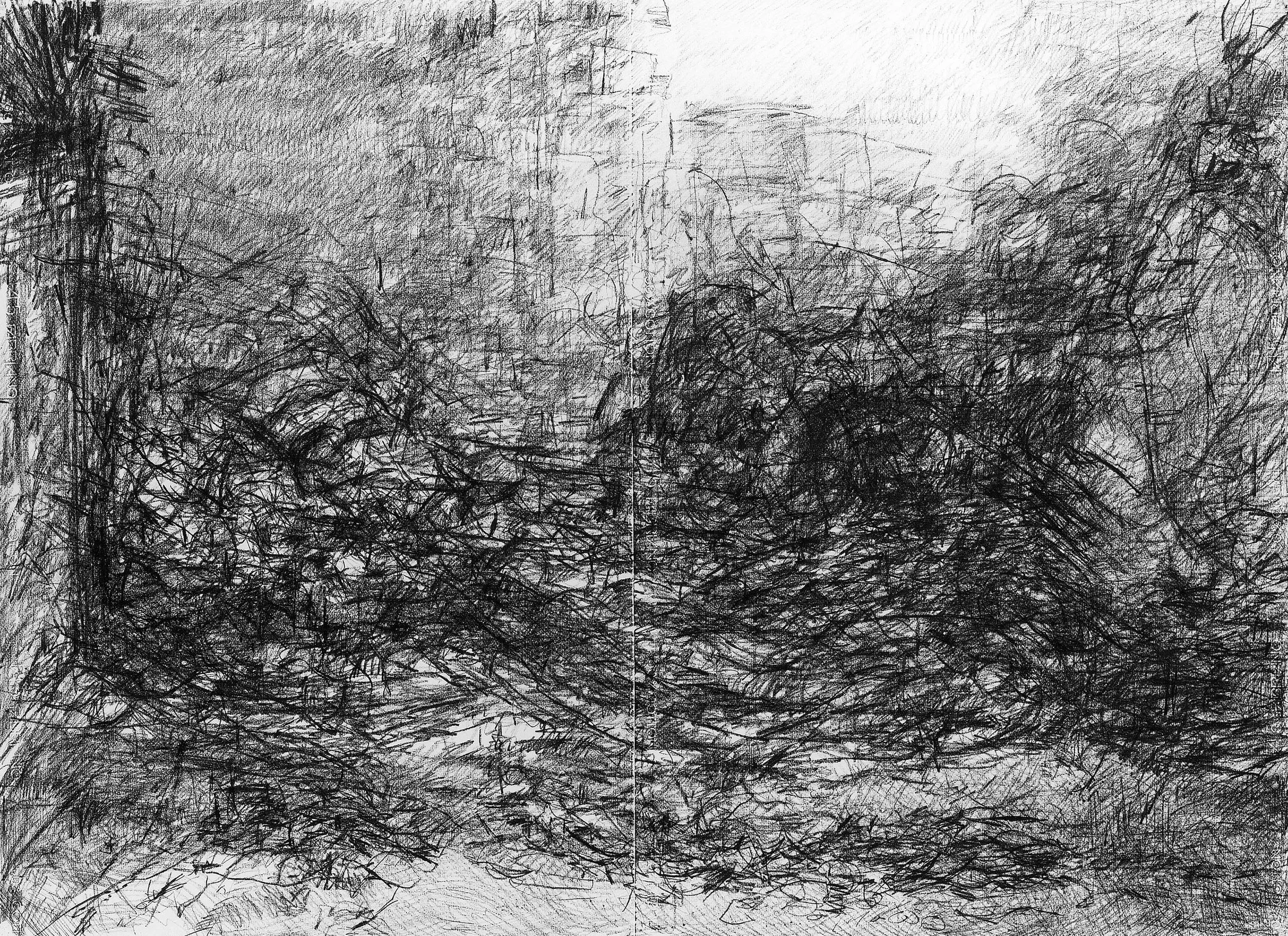 Mexico City, 1985, black Conte on paper, 27.5" x 39.4"