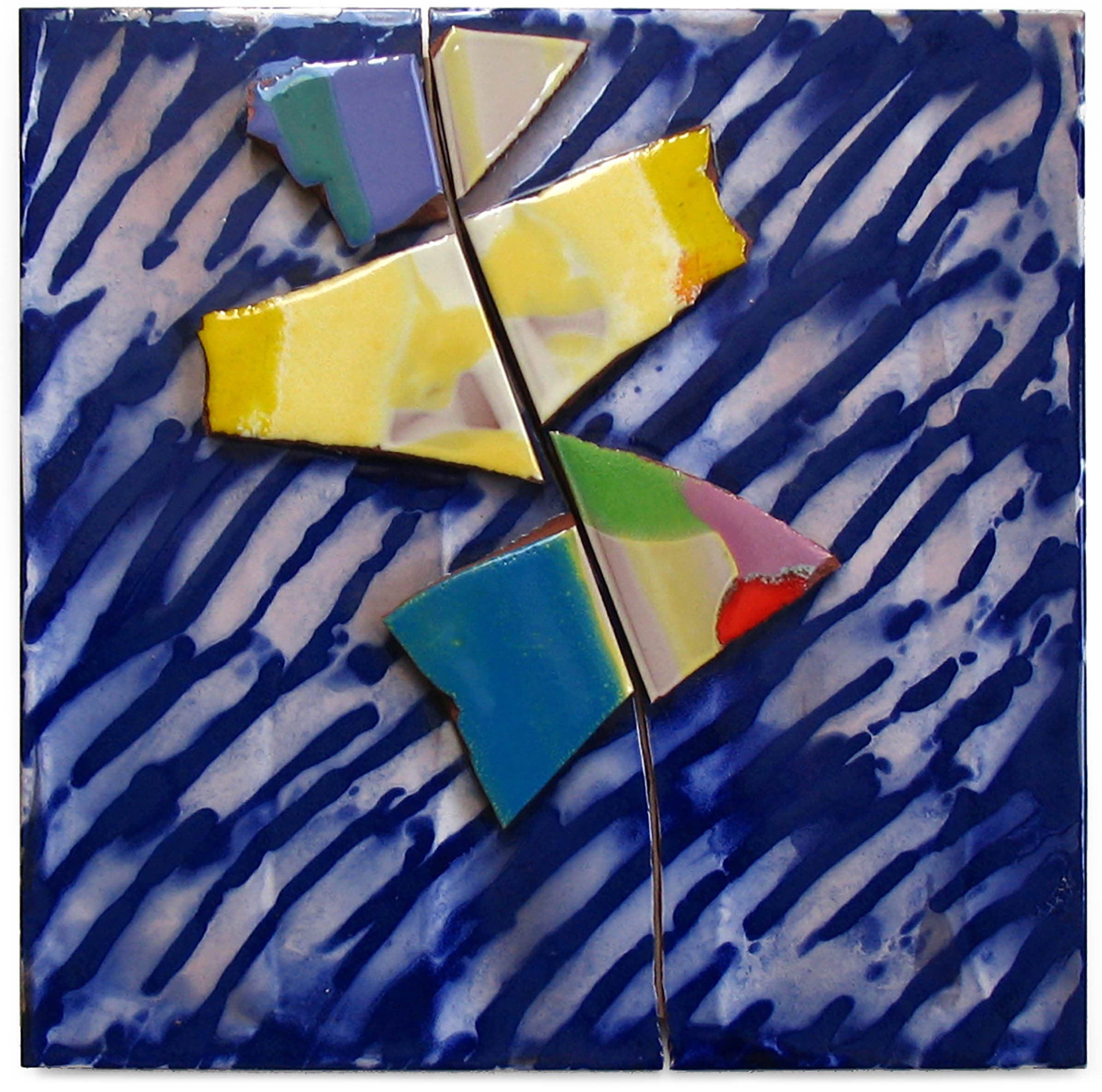 German Crosshatch, 1995, glazed, layered, broken, and fired porcelain tile, 8" x 8"