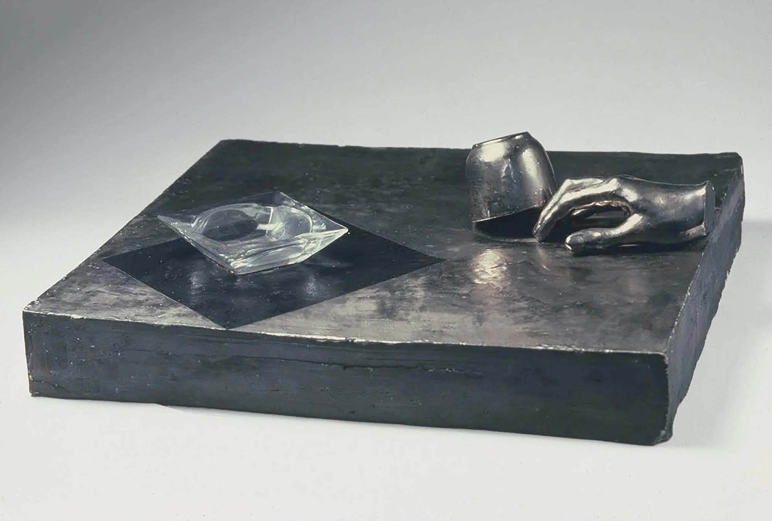 Photo Negative with Glass Ashtray, 1968, stoneware with glaze and ashtray, 14.5" x 16.5"