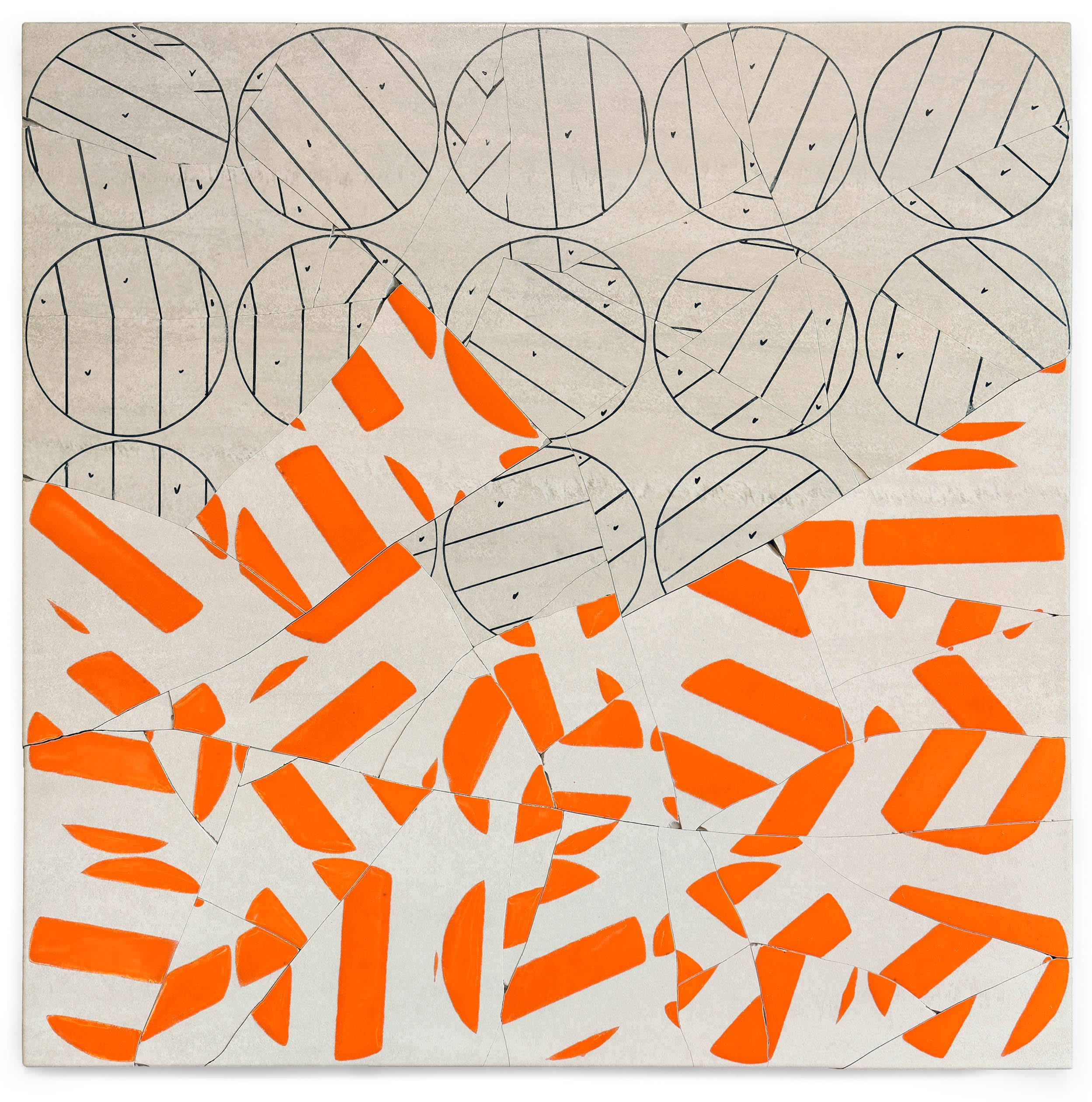 Score and Performance (orange), 2014, broken and fired porcelain tile with glaze, 24" x 24"