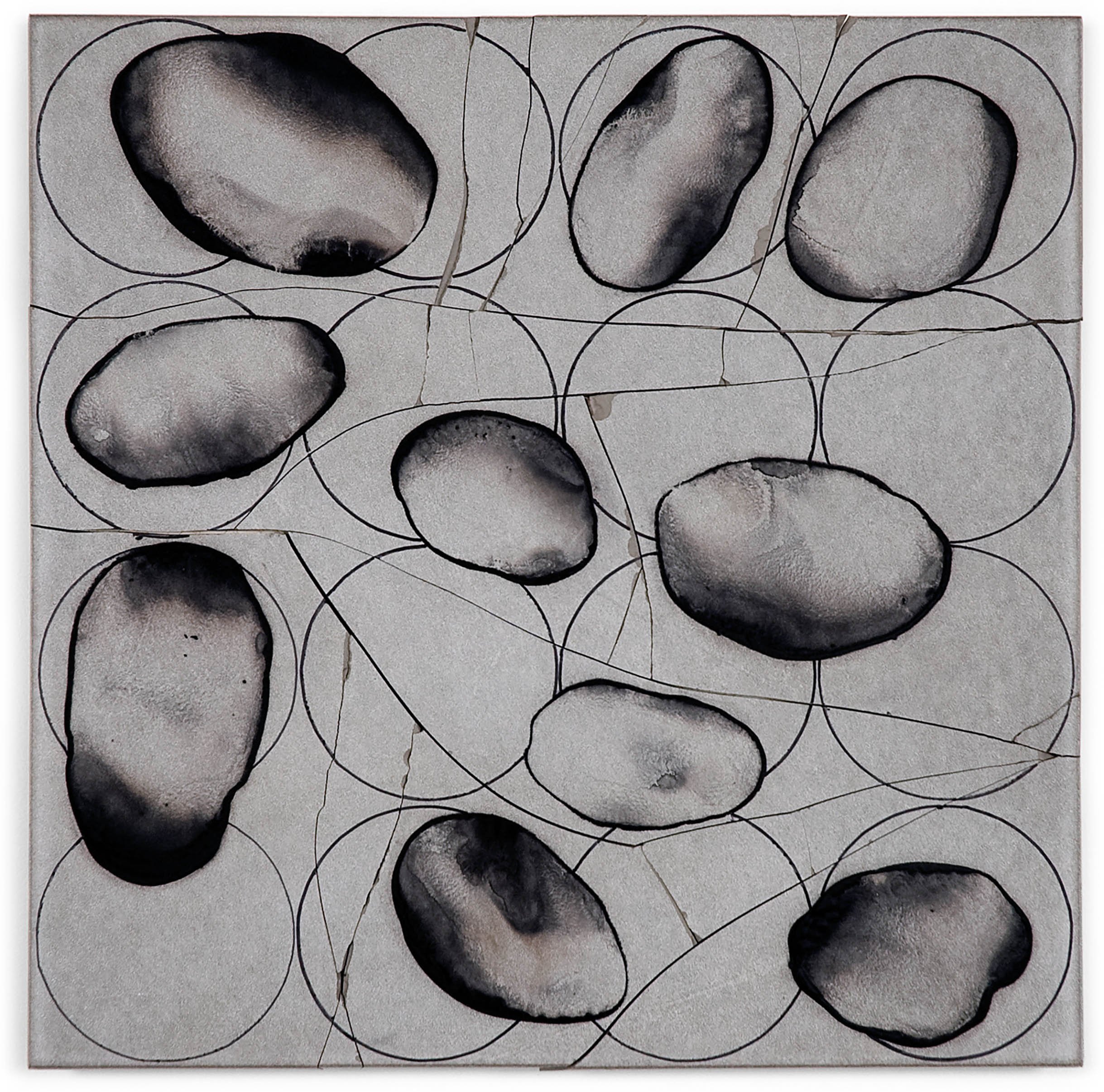 Misfits 3-4-3, 2011, broken and fired porcelain tile with glaze and ink, 18" x 18"