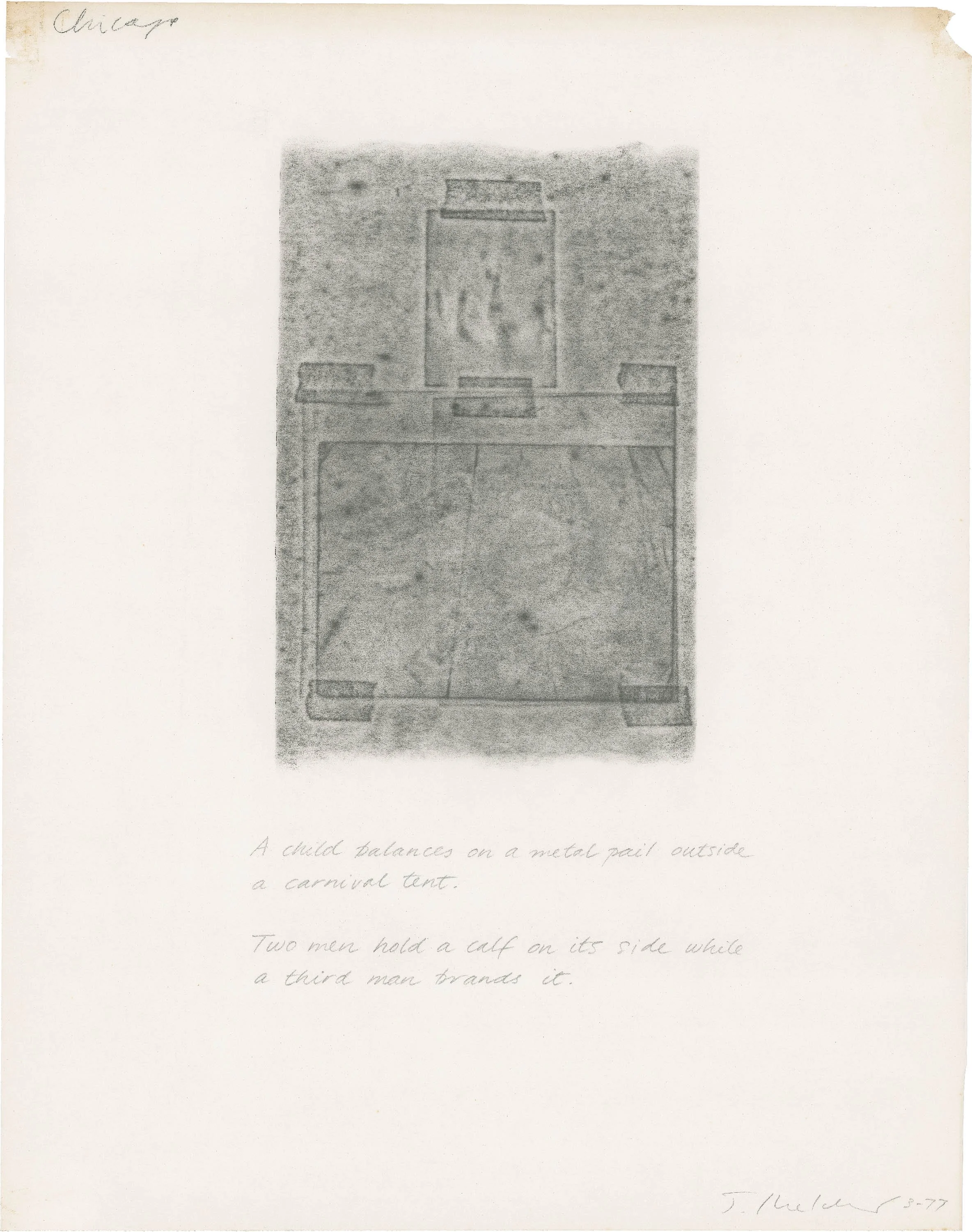 Untitled (A child balances on a metal pail outside), 1977, graphite on paper, 24" x 19"
