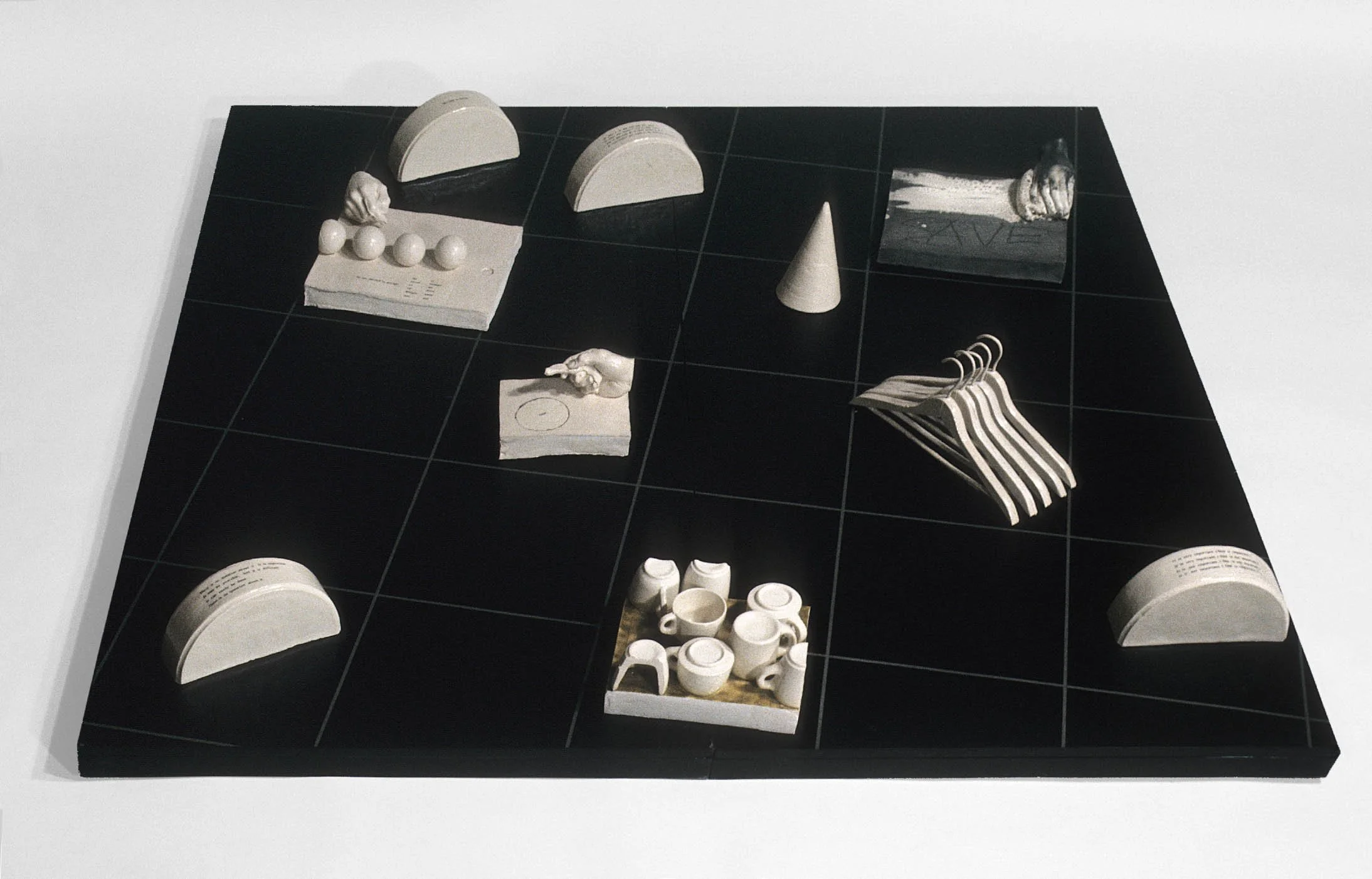 Game On Black Field, 1968, glazed earthenware objects on panels, 72" x 72"