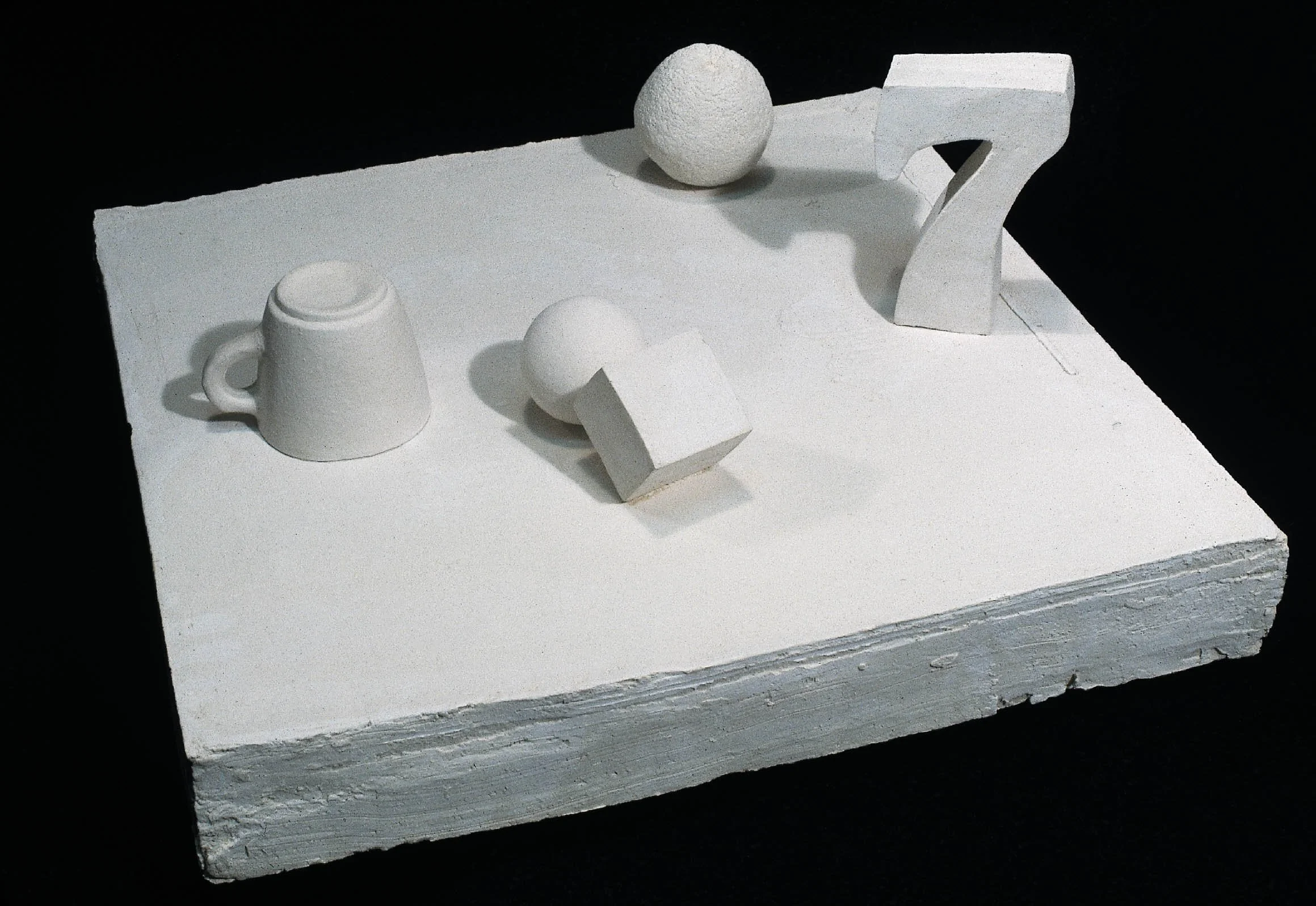 Shadows with Number 7, 1969 , stoneware with glaze and ceramic decal, 5" x 13.25" x 16"