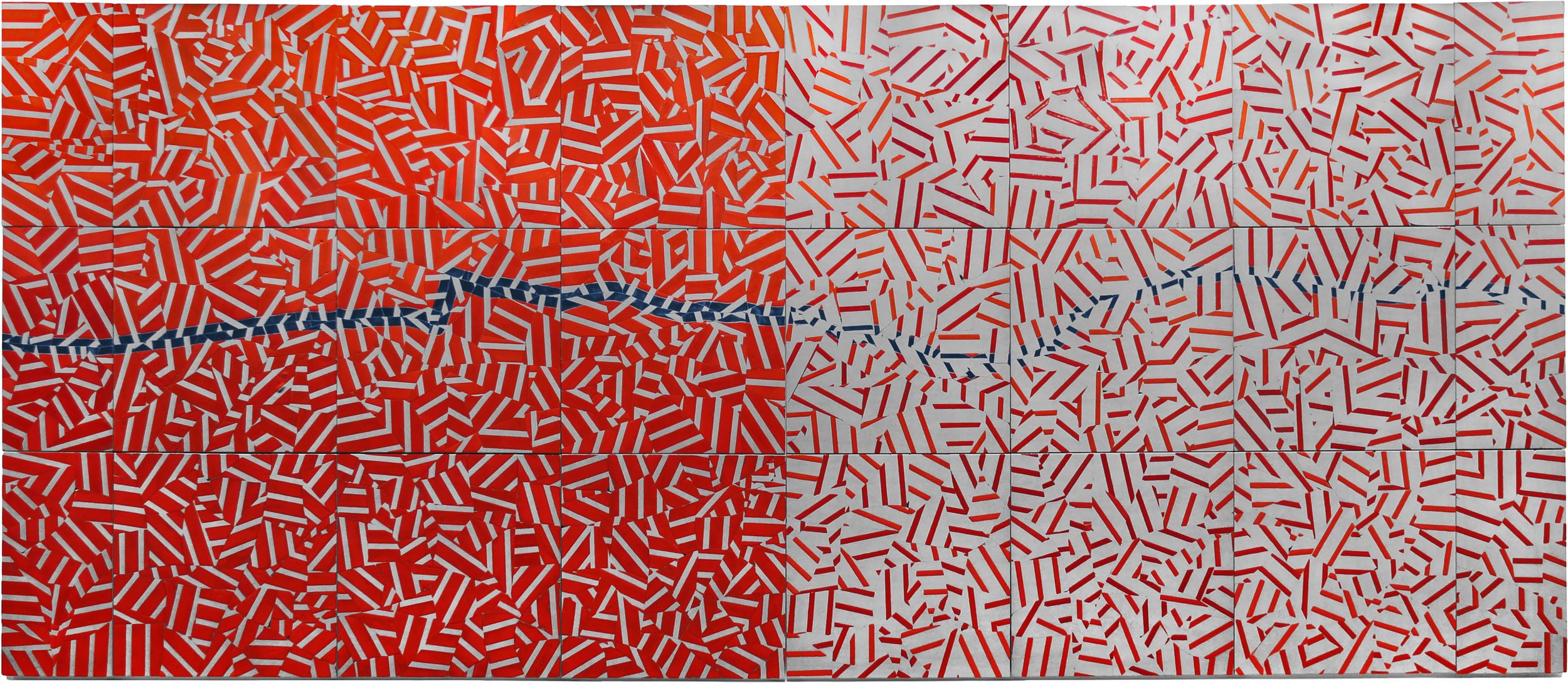 Riven/River, 2014, gray porcelain tile with red and blue glaze, 71" x 166", San Francisco Arts Commission public art collection