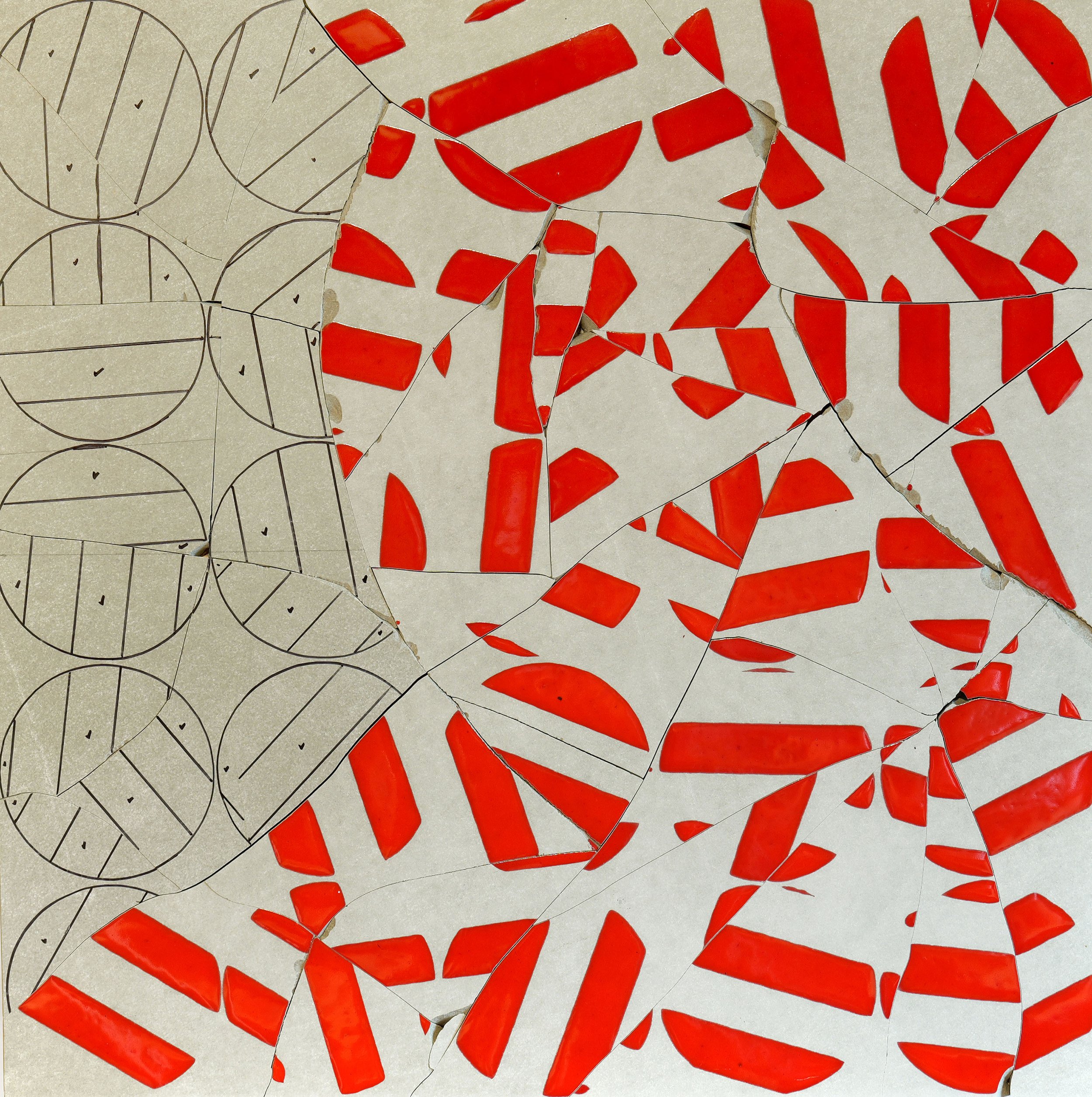 Score and Performance (red), 2013, broken and fired porcelain tile with glaze, 24" x 24"