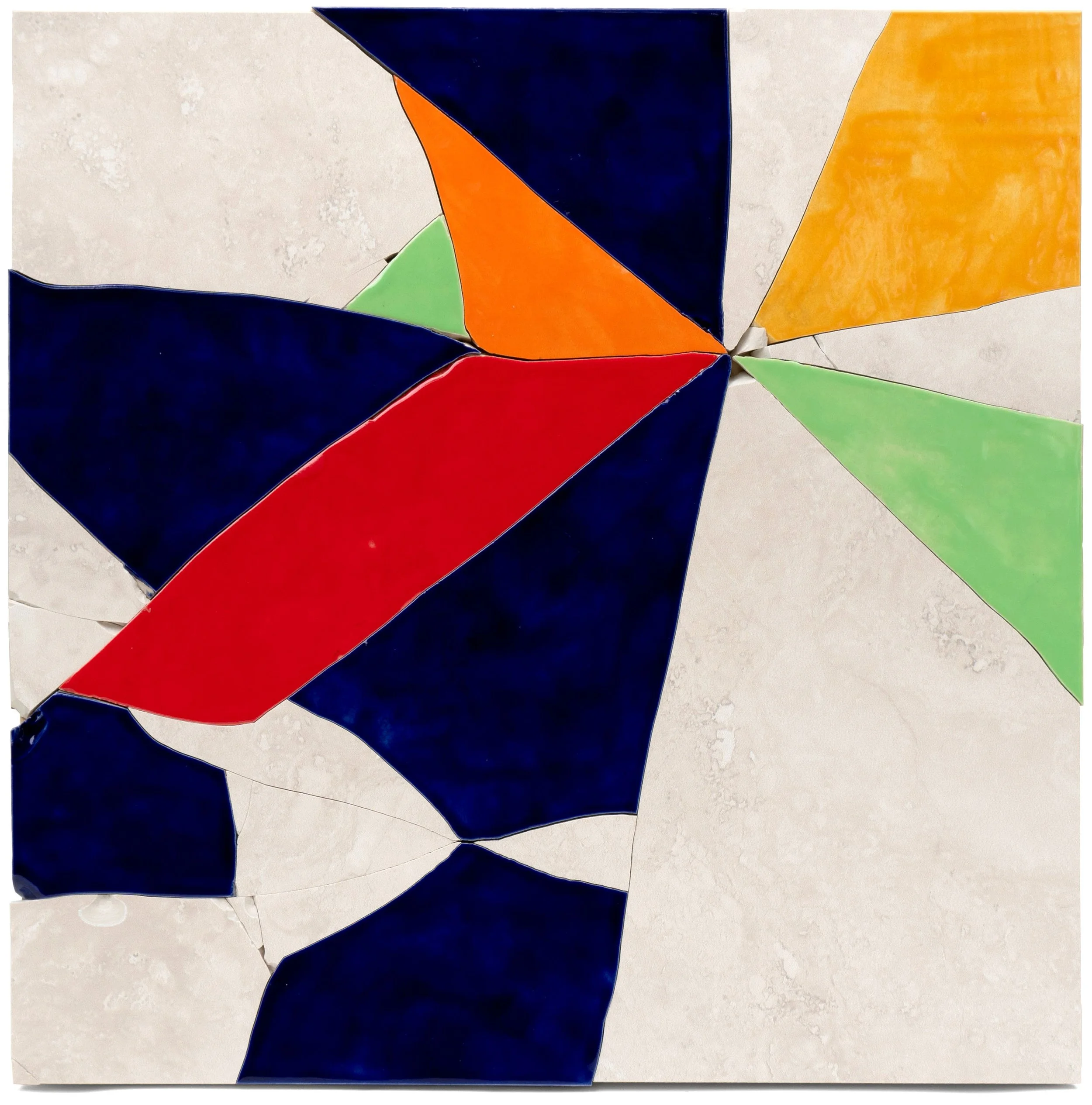 Mind The Bumpers, 2022, broken and glazed ceramic tile, 18" x 18"