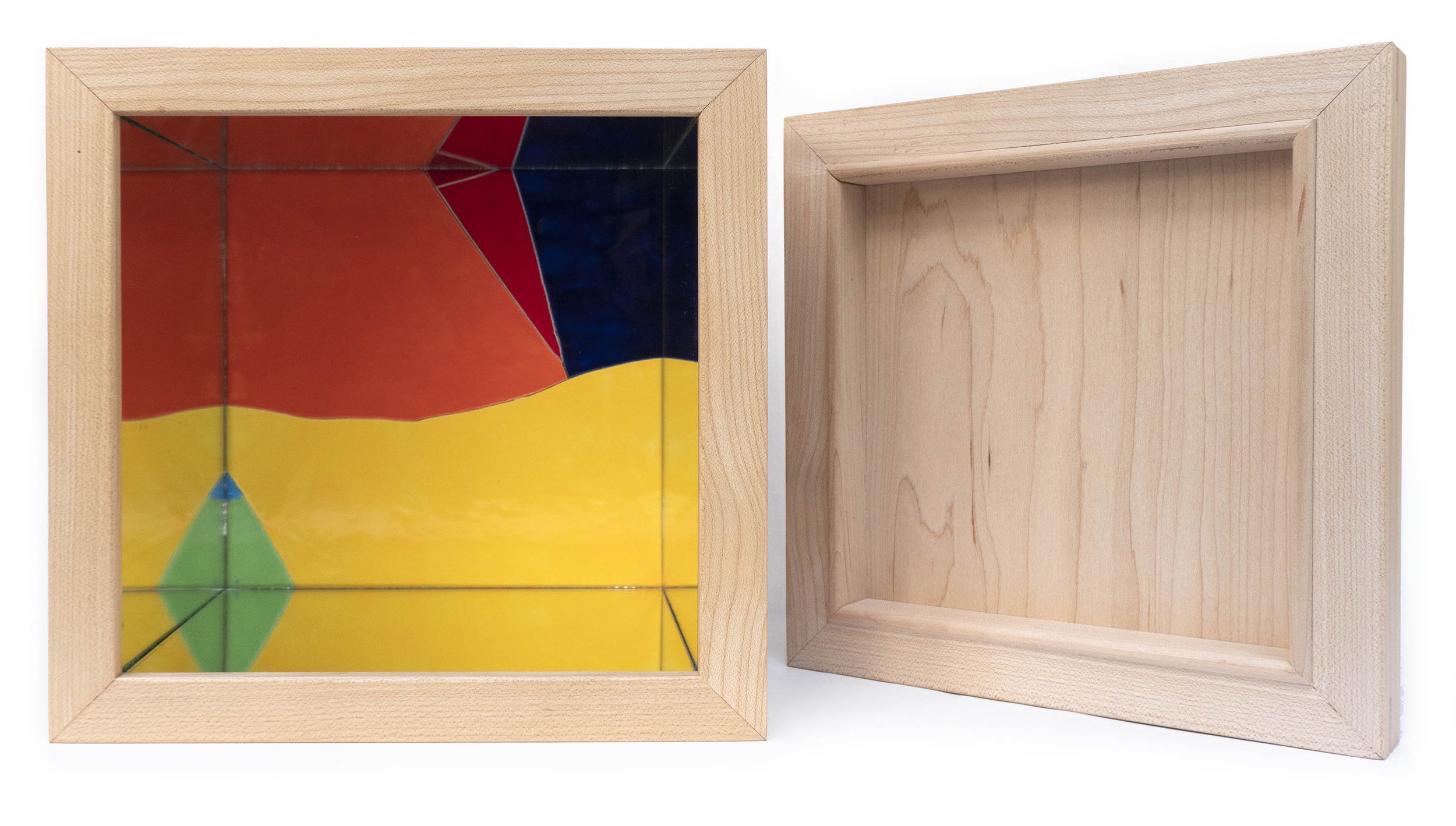 Mirror Box 1, 2020, broken and glazed porcelain tile with mirror, glass, wooden box, and lid, 6.5" x 8" x 8"