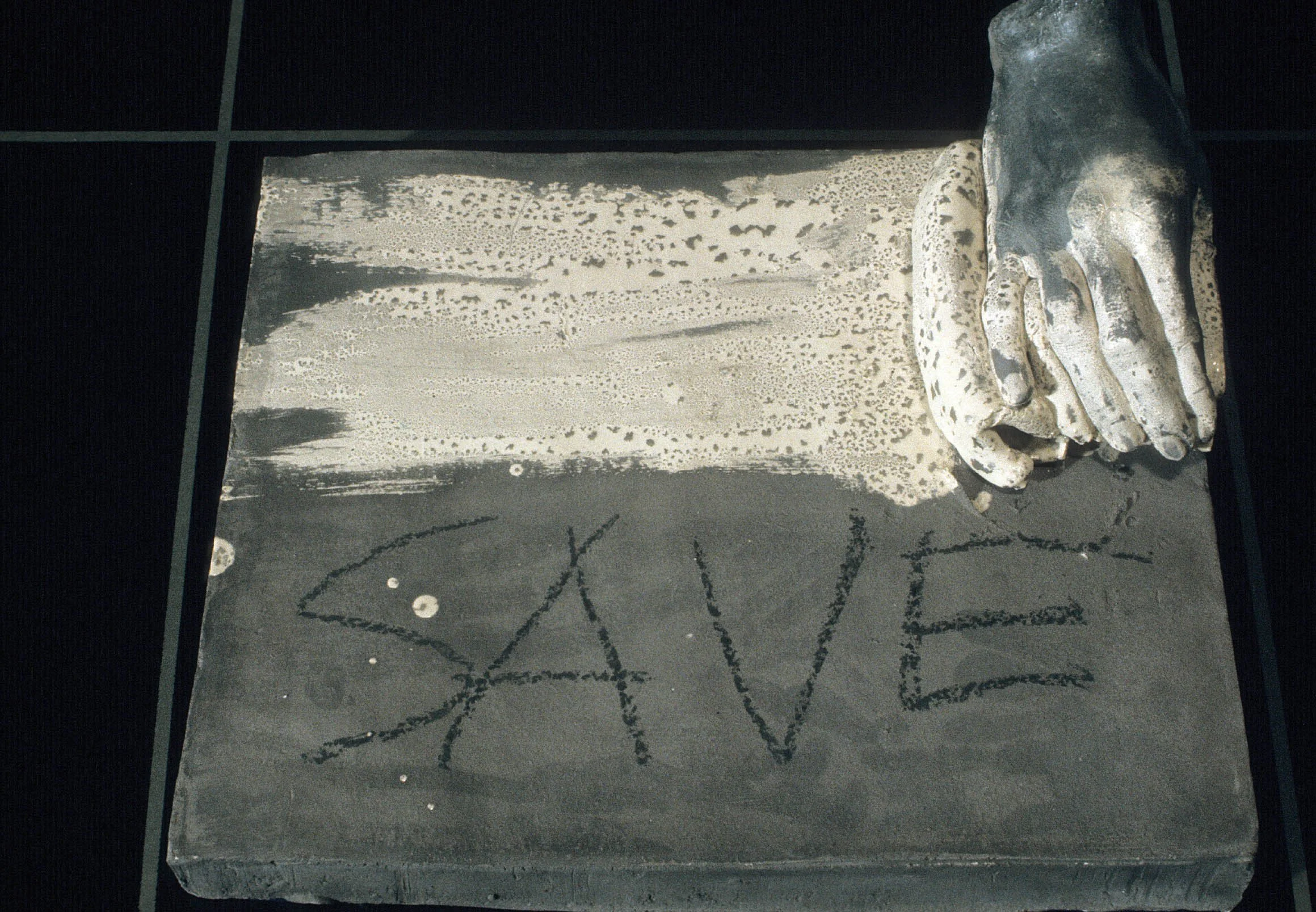 Game On Blackboard (detail), 1968, glazed earthenware objects on panels, 72" x 72"