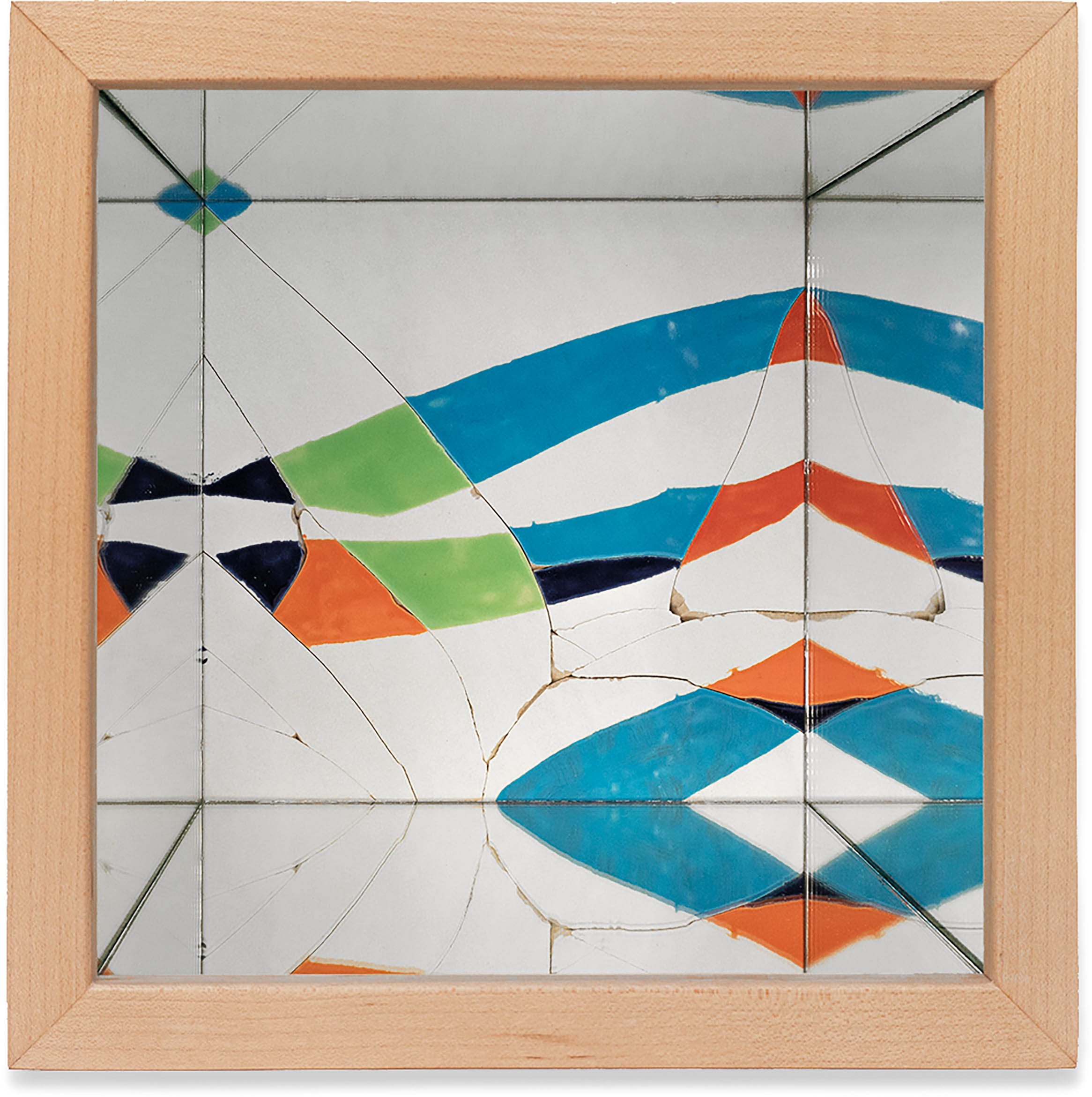 Mirror Box 2, 2020, broken and glazed porcelain tile with mirror, glass, wooden box, and lid, 6.5" x 8" x 8"