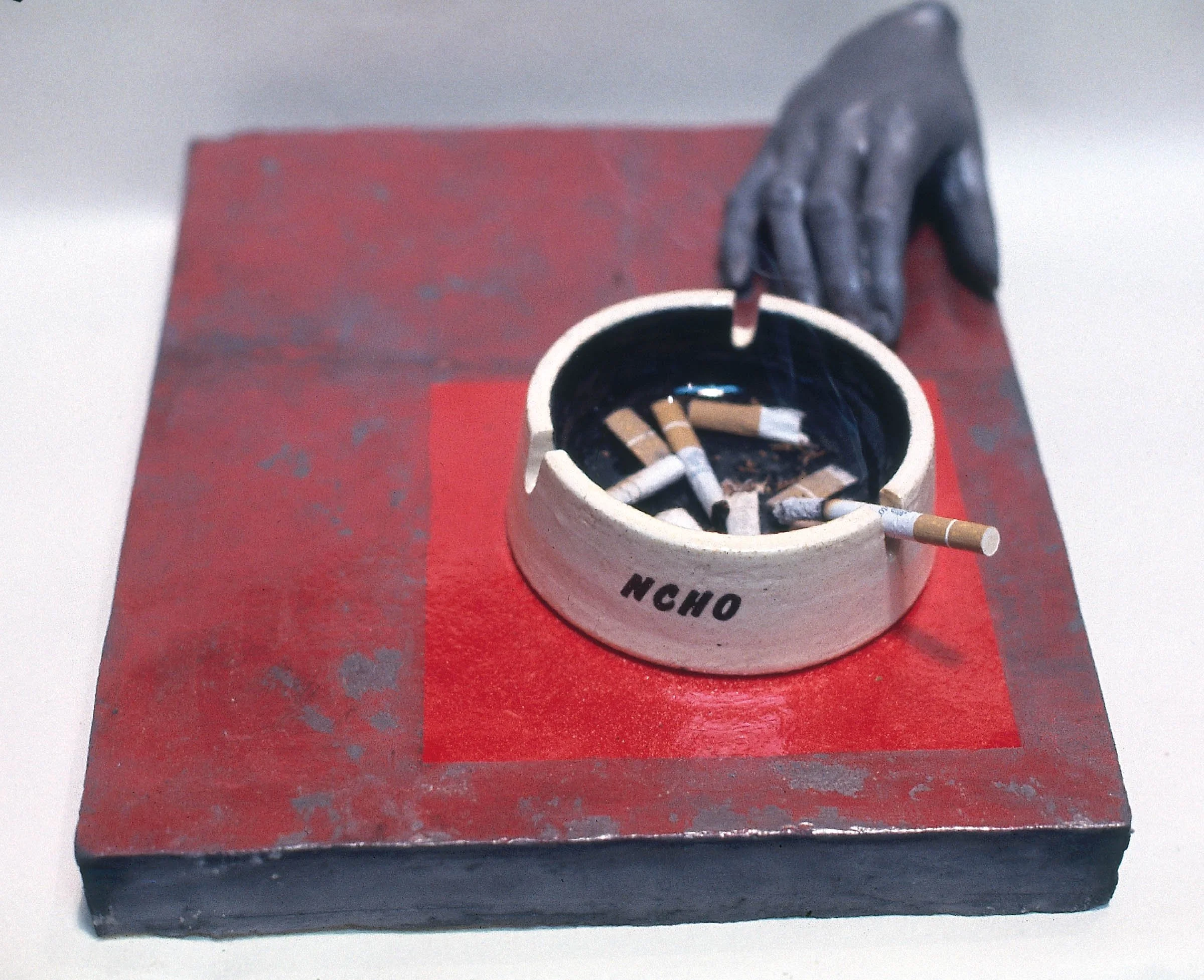 Still Life with Ashtray on Red Table, 1968, stoneware with glaze and ashtray, 14.5" x 16.5"