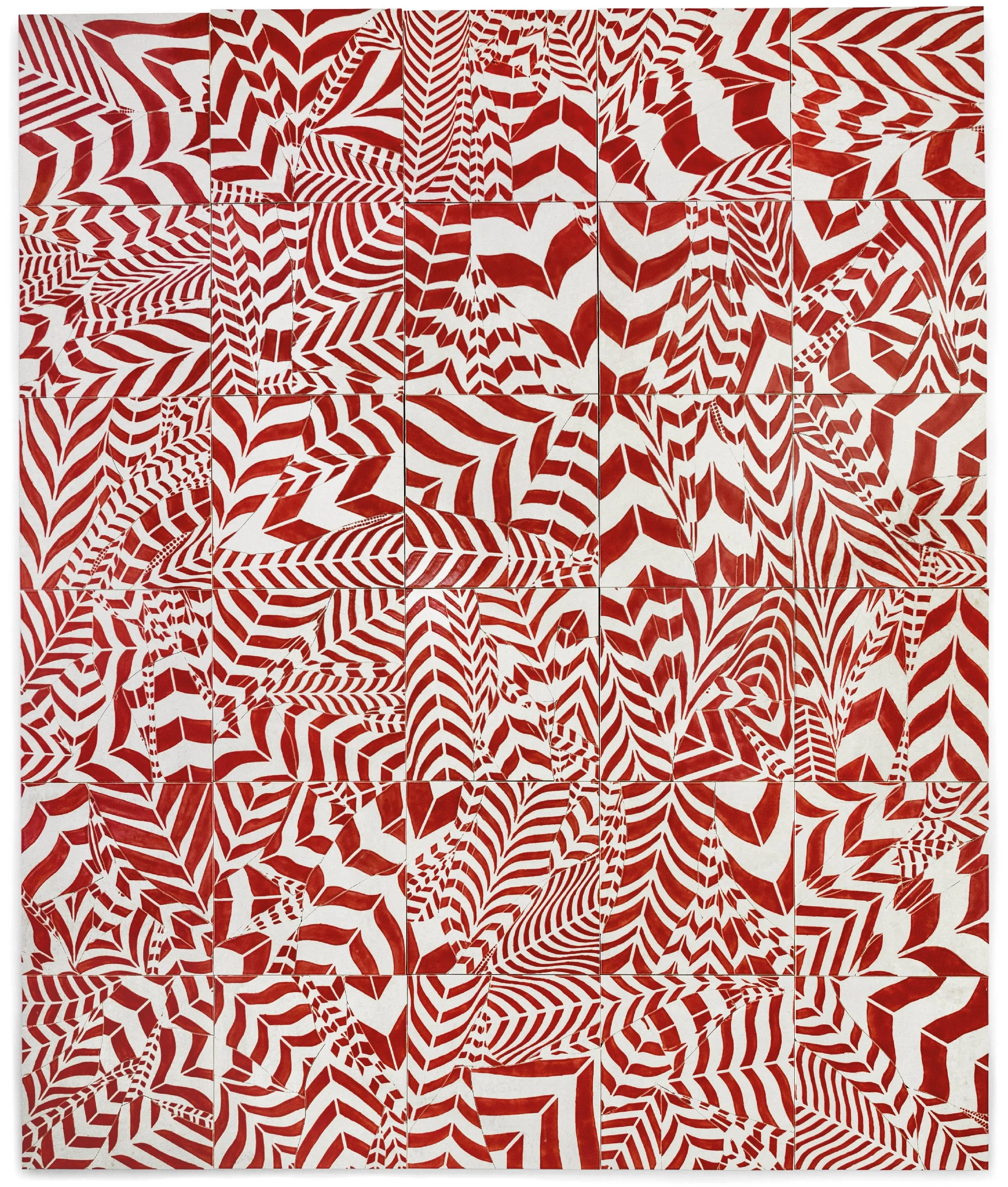 Feathers of a Phoenix (Red), 2004, broken and fired porcelain tile with glaze, 93.5" x 78", di Rosa Center for Contemporary Art collection