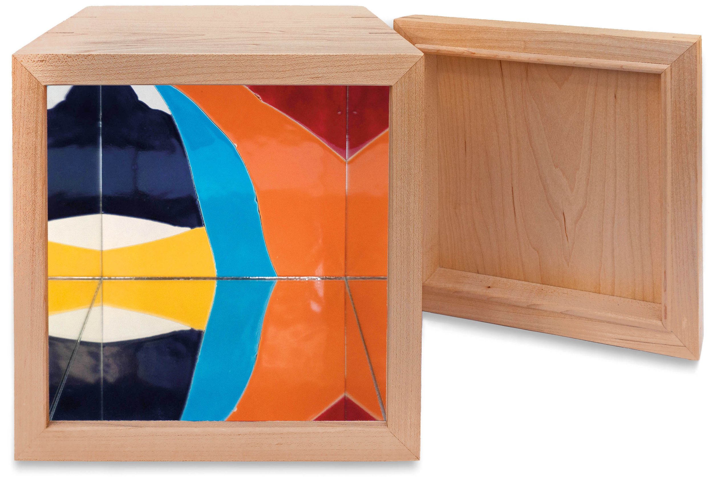 Mirror Box 3, 2020, broken and glazed porcelain tile with mirror, glass, wooden box, and lid, 6.5" x 8" x 8"