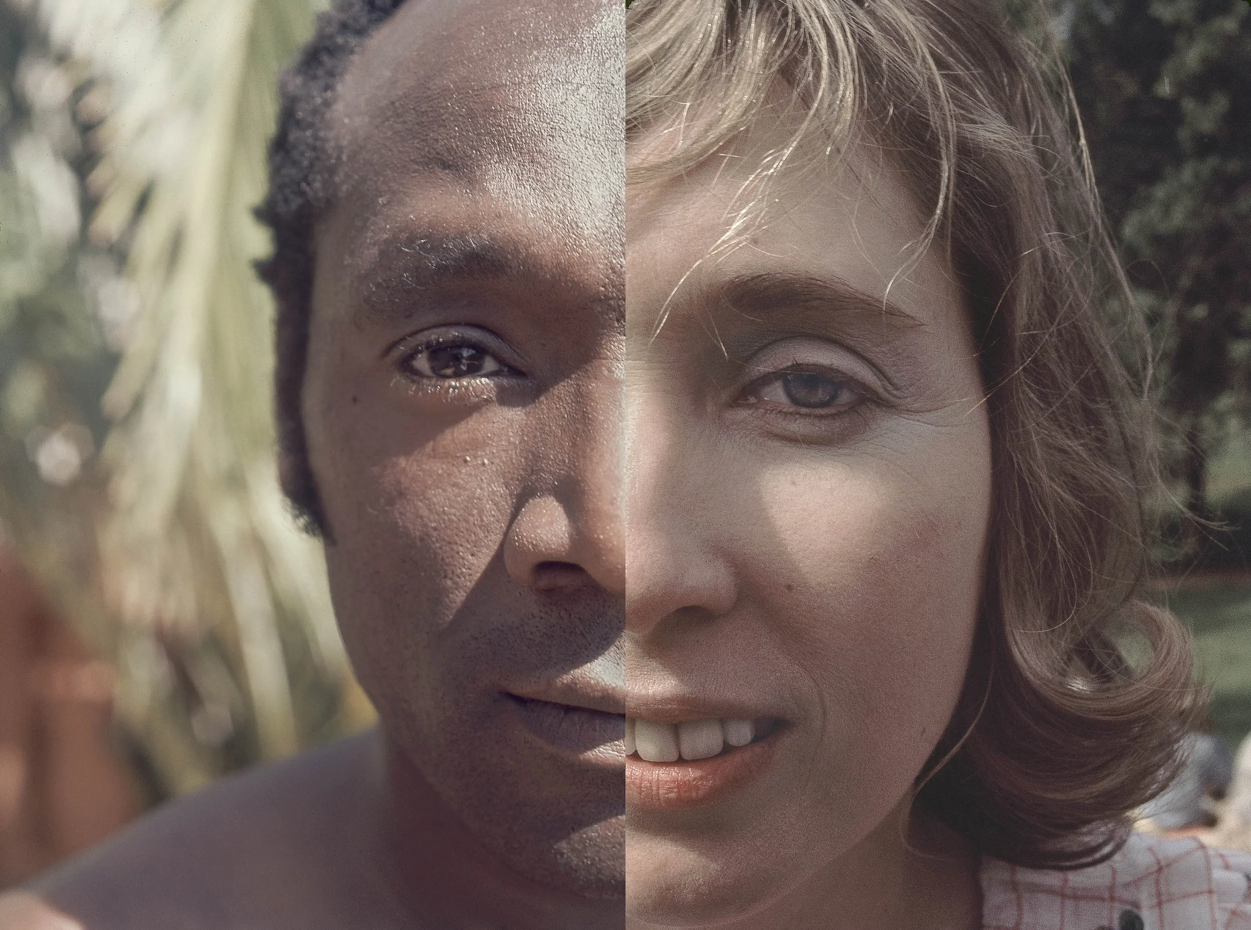 frame from Faces, 1972, Raymond Saunders (left) and Joan Brown (right)