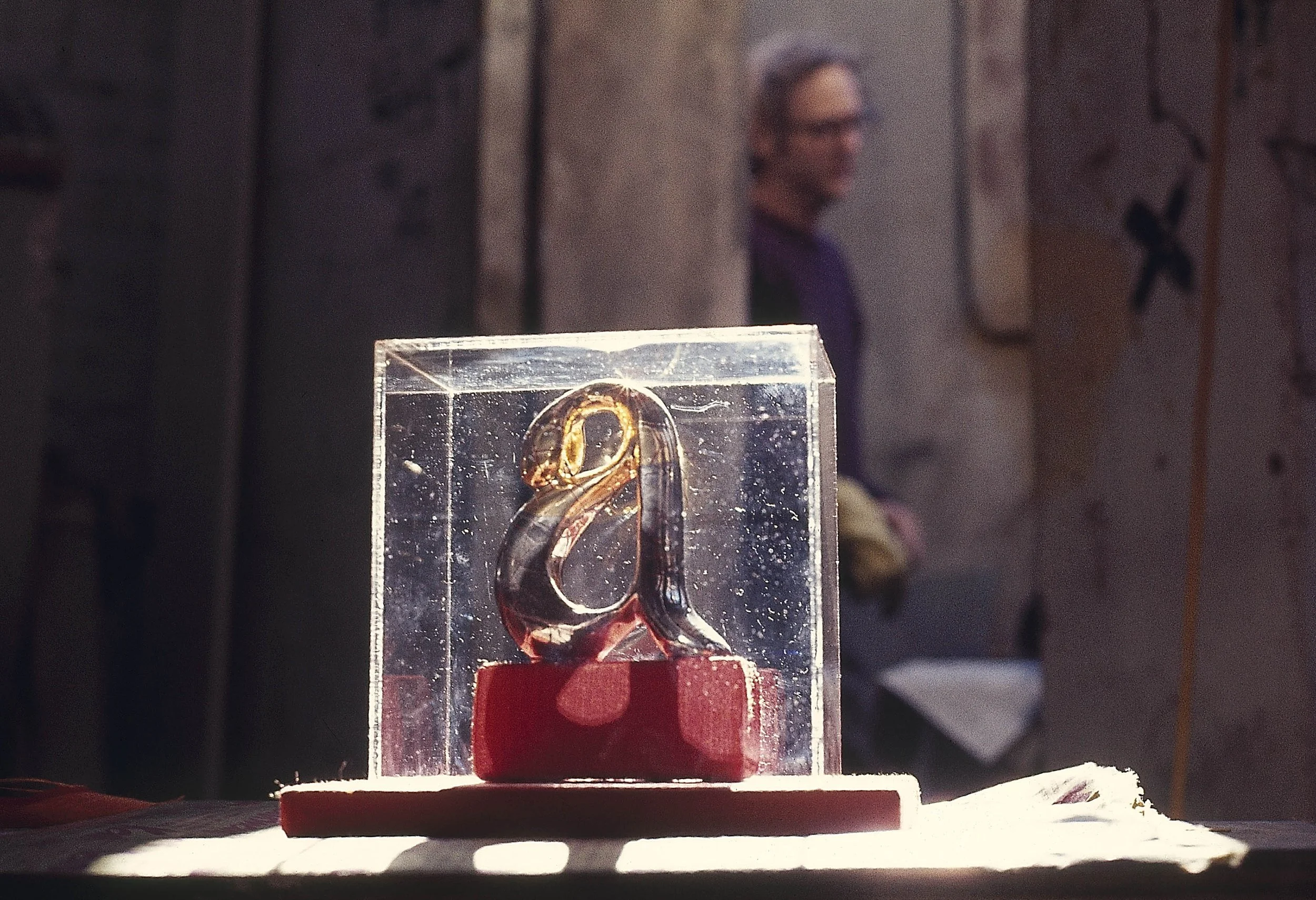 Precious a in Jim Melchert's studio, 1969, stoneware, wood, velvet, Plexiglas, 7" x 8.5" x 6.25"