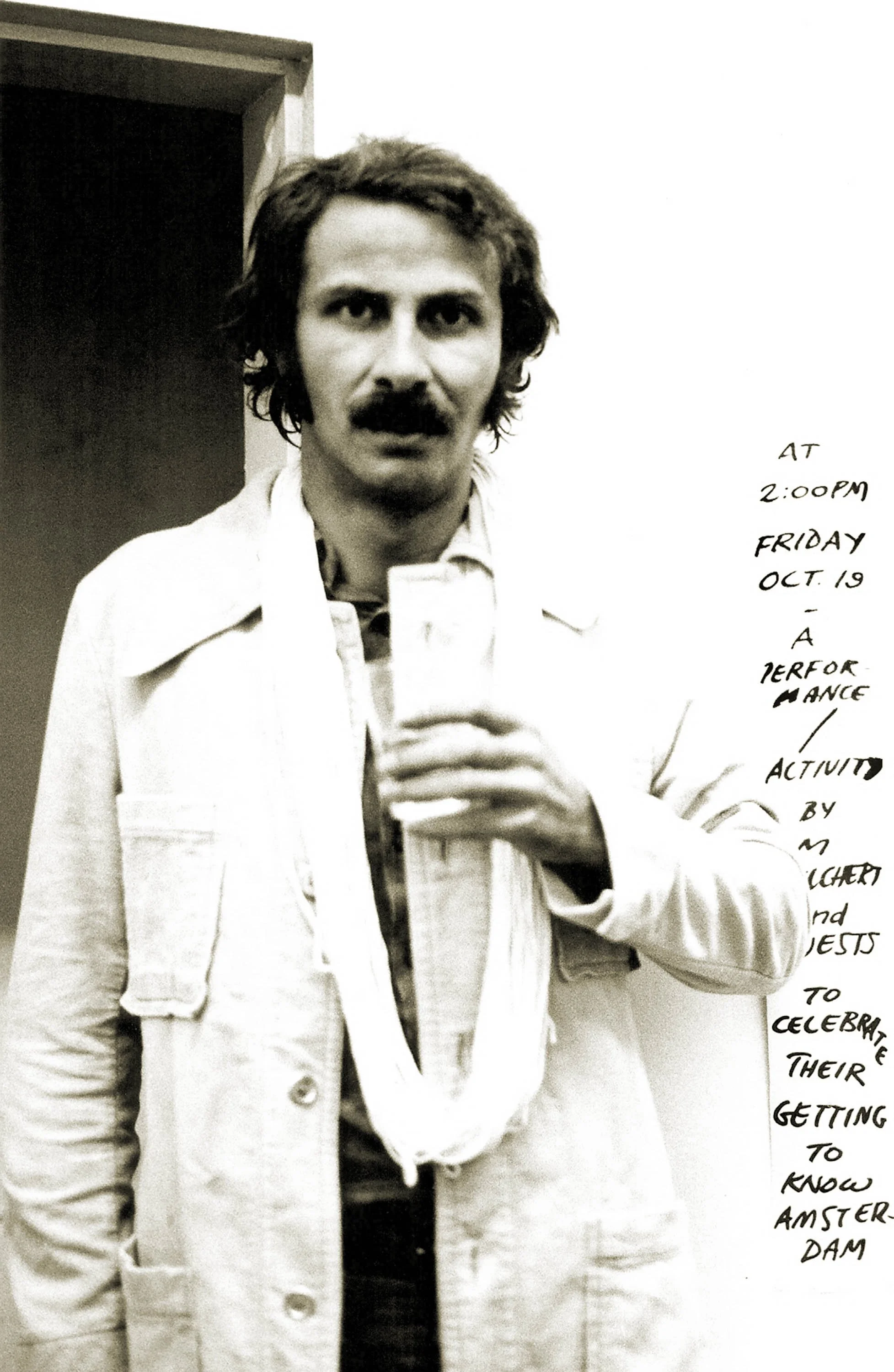 Announcement for Jim Melchert Performance/Activity, "In Celebration Of Their Getting To Know Amsterdam" at Museumplein Amsterdam, 1973, photograph by Mieke H. Hille