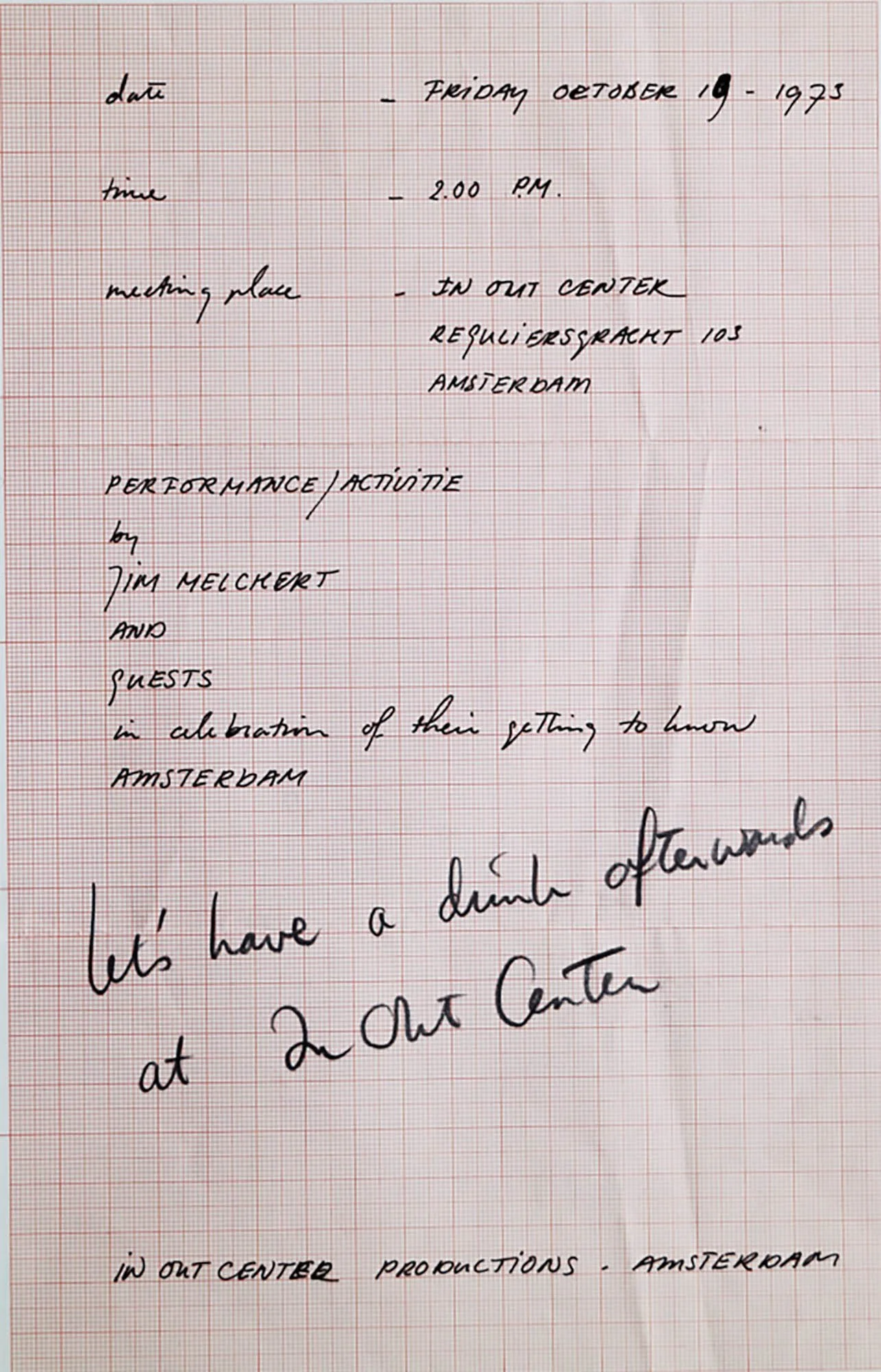 In and Out Center, Announcement for Jim Melchert Performance/Activity, "In Celebration Of Their Getting To Know Amsterdam" at Museumplein Amsterdam, 1973, photograph by Mieke H. Hille