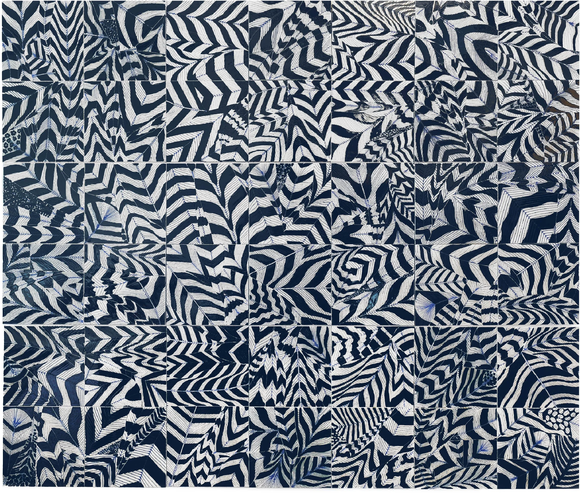 Feathers of a Phoenix (Blue), 2003-4, broken and fired porcelain tile with glaze, 70" x 82"