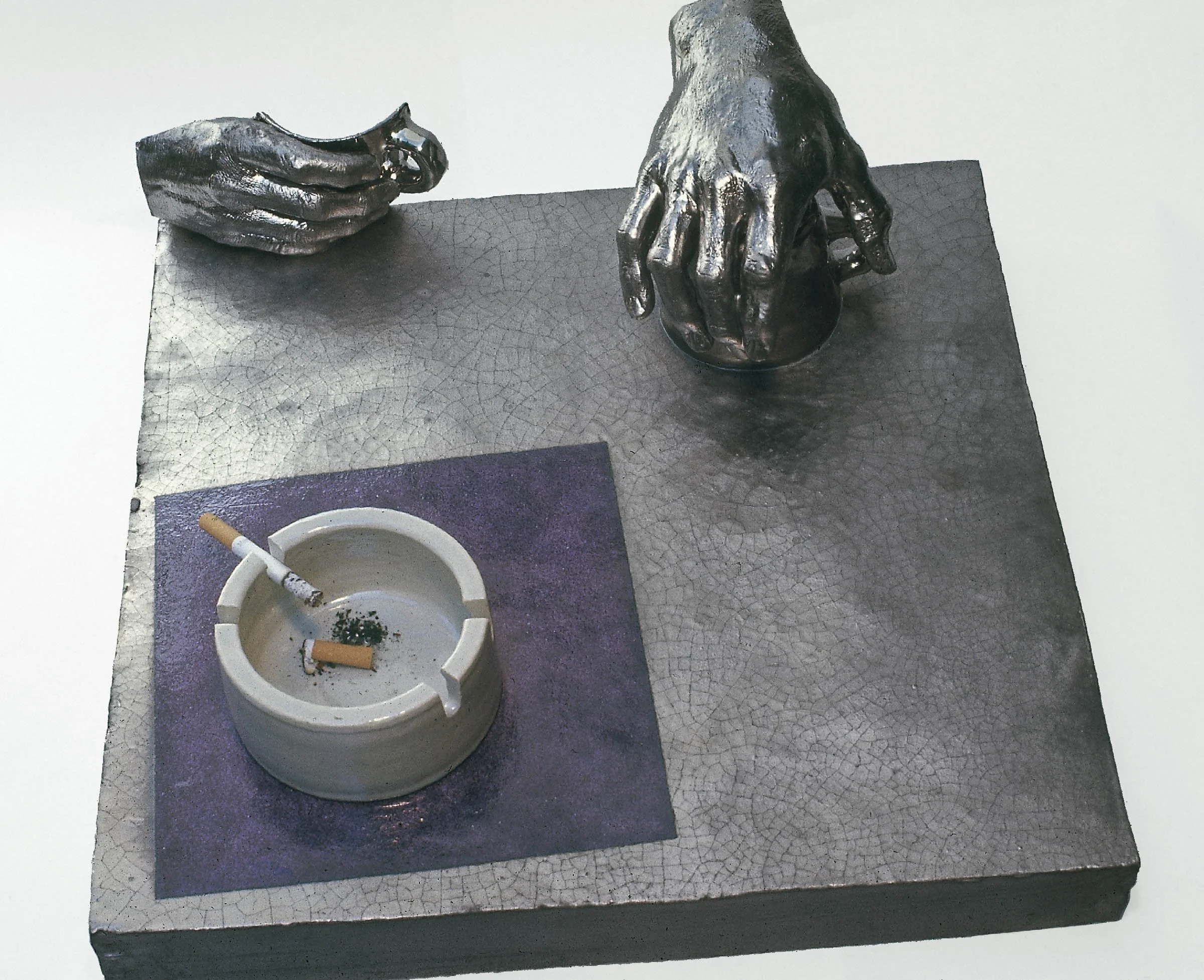 Photo Negative with Ashtray on Lavender Table, 1968, stoneware with glaze and ashtray, 14.5" x 16.5"