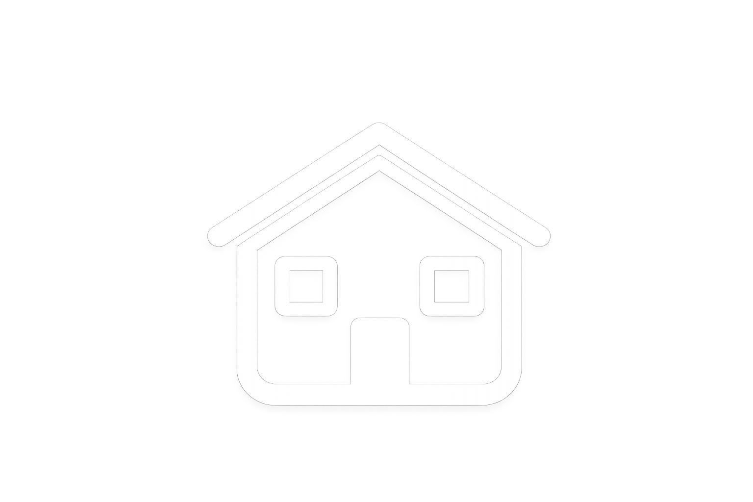 A simple digital illustration of a house with a gable roof, two windows, and a door, outlined in white against a colorful background.
