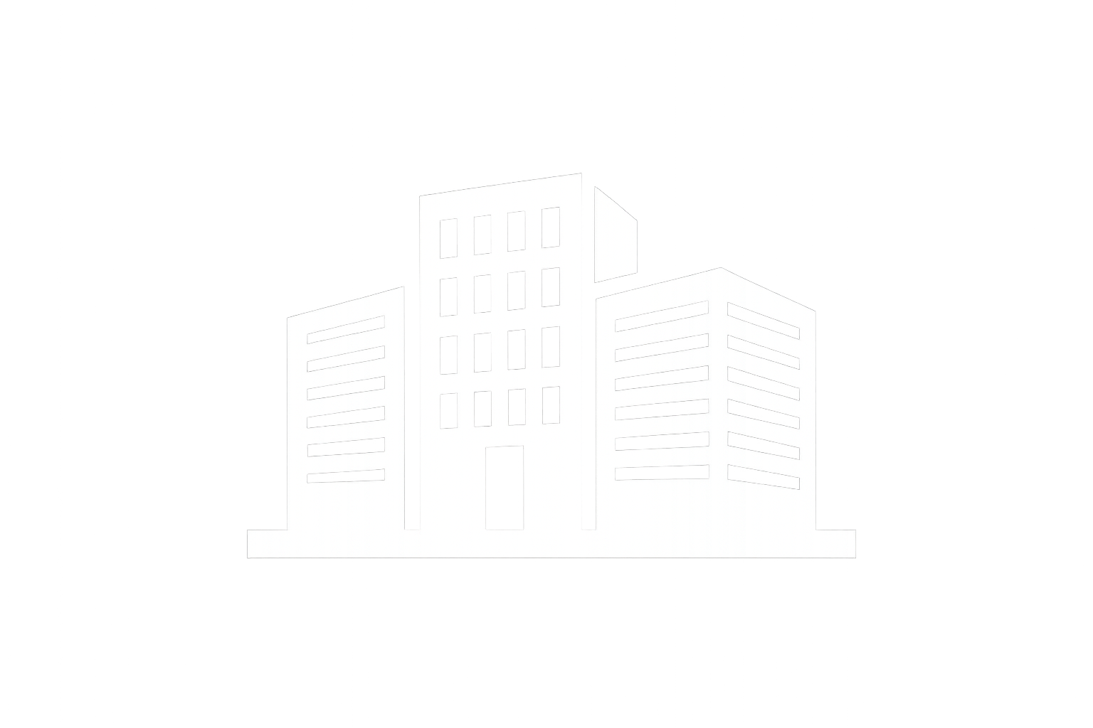 Black and white minimalist illustration of a city skyline with multiple tall buildings.