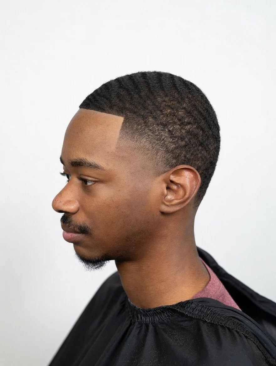 Side profile of a young man with a fresh fade haircut and textured waves, wearing a black barber cape.