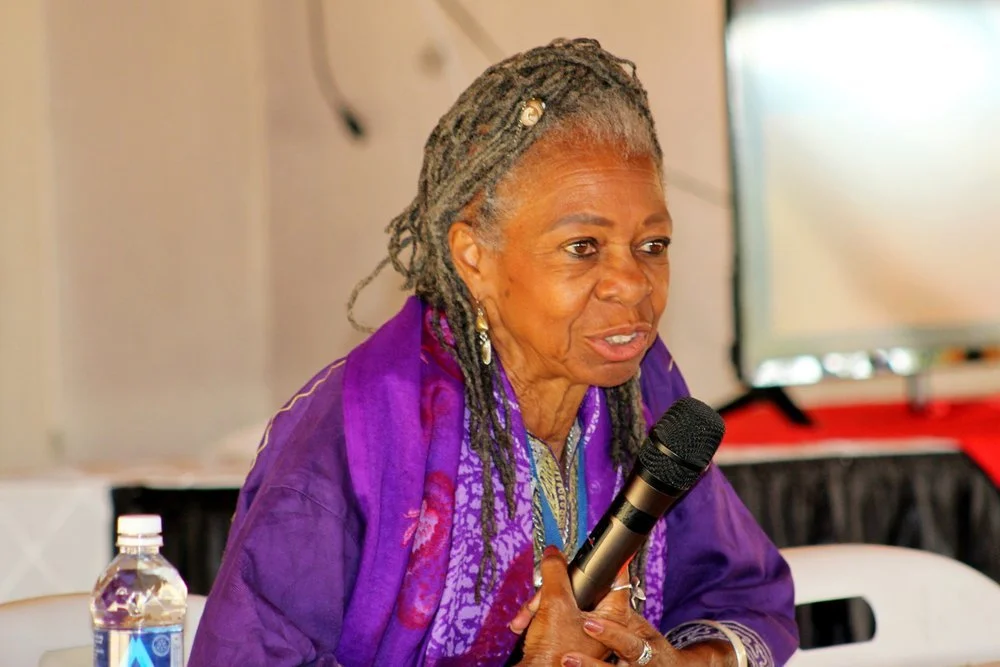 An elderly woman with dreadlocks and earrings, dressed in a purple garment, speaking into a microphone at an indoor event.