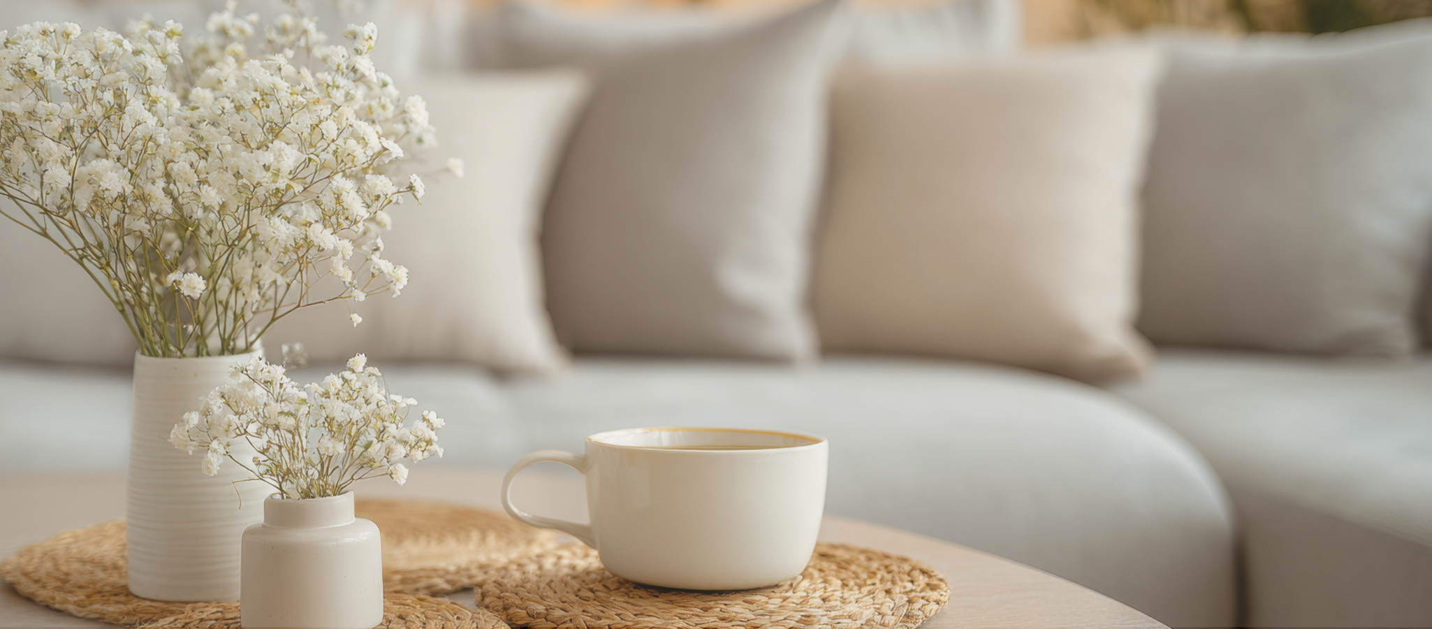 White vases with white flowers and a white cup on a wooden table in a cozy, cream-colored living room.