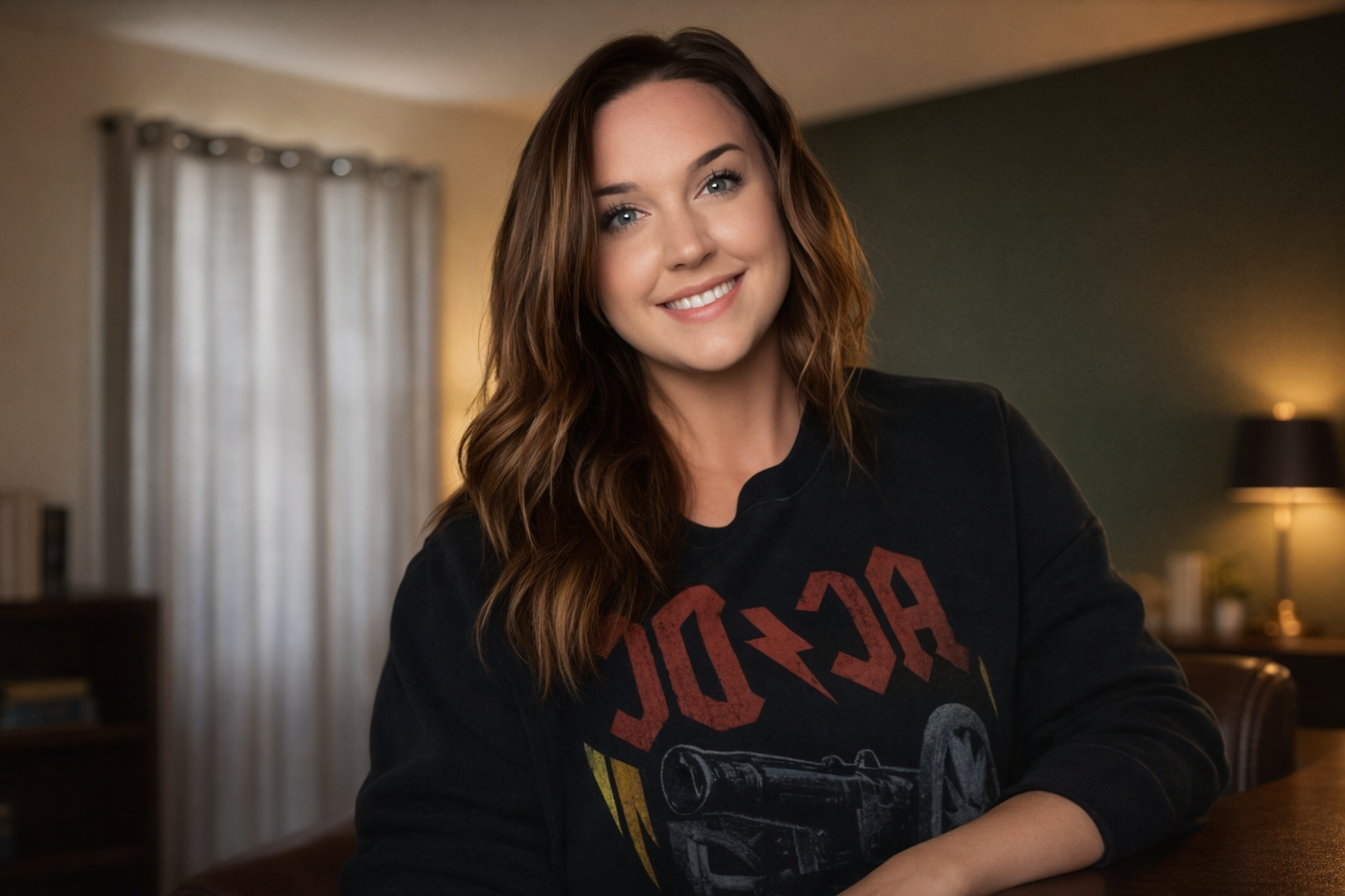 A young woman with brown wavy hair smiling at the camera, wearing a black Rock Band T-shirt, in a cozy room with curtains and lamps.