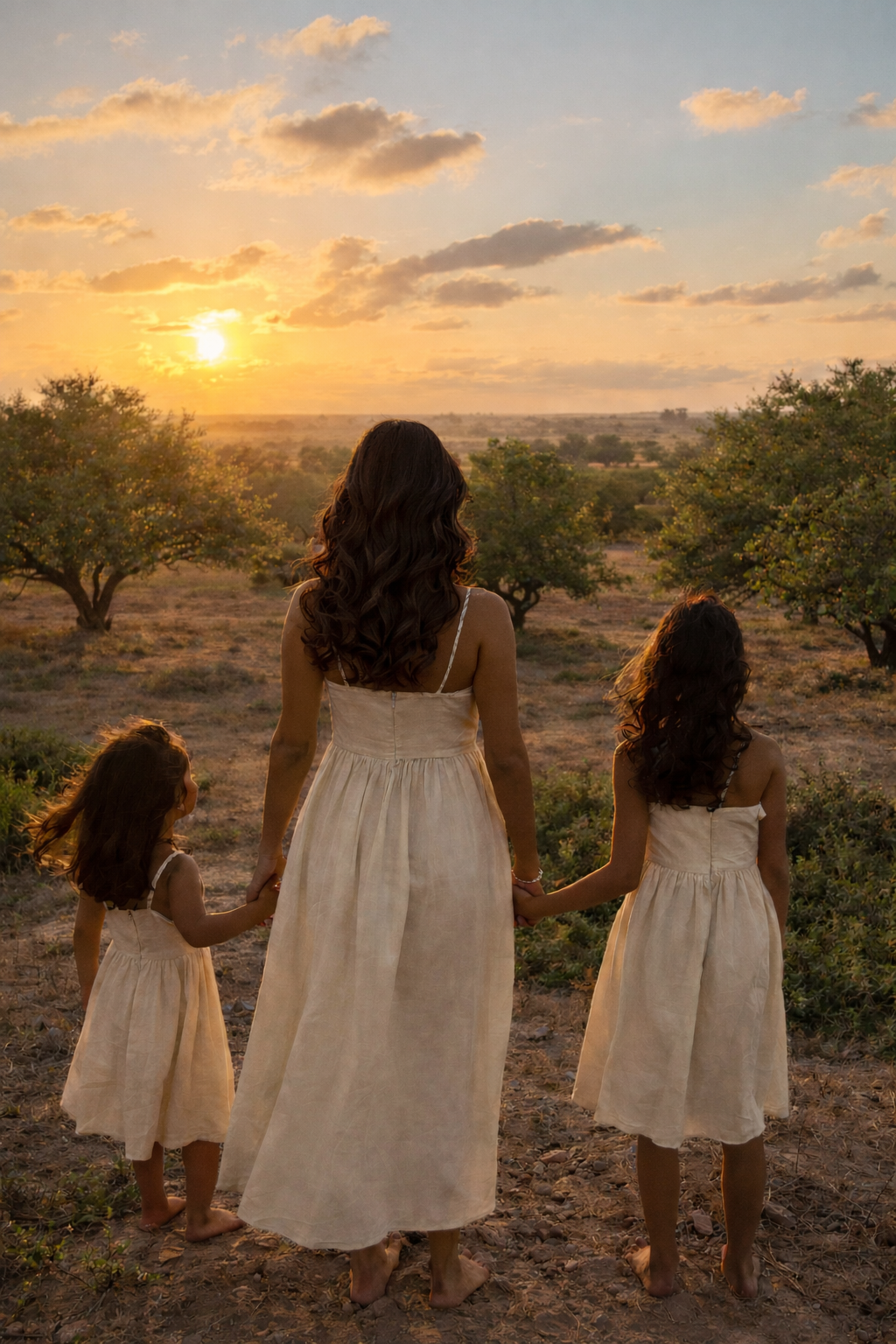 A woman and two young girls in matching cream dresses stand hand in hand outdoors during sunset, surrounded by trees in a rural landscape.