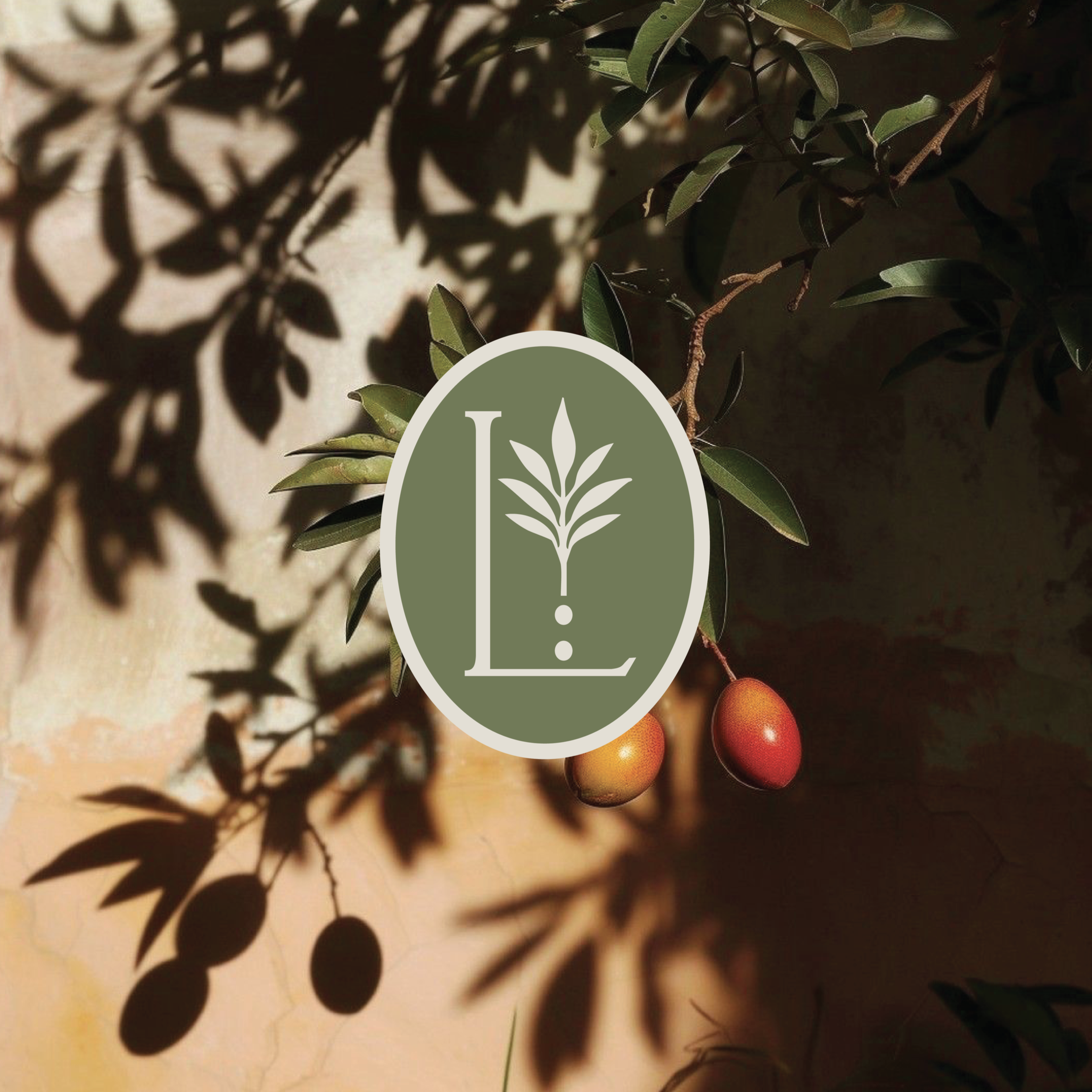 Olive tree branch with green leaves and ripening olives, with shadowed background and a logo overlay featuring a plant and the letter 'L'.