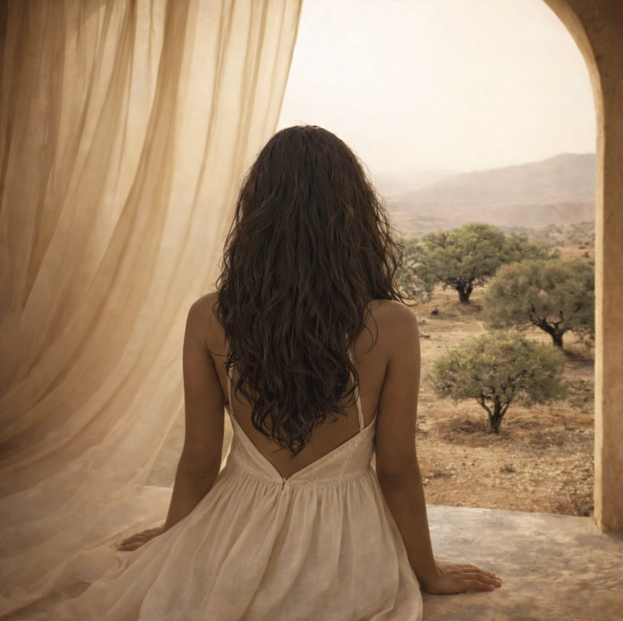 Woman sitting on the floor, facing away, with long curly hair, wearing a light-colored dress, looking out through an arched opening at a dry landscape with trees and hills.