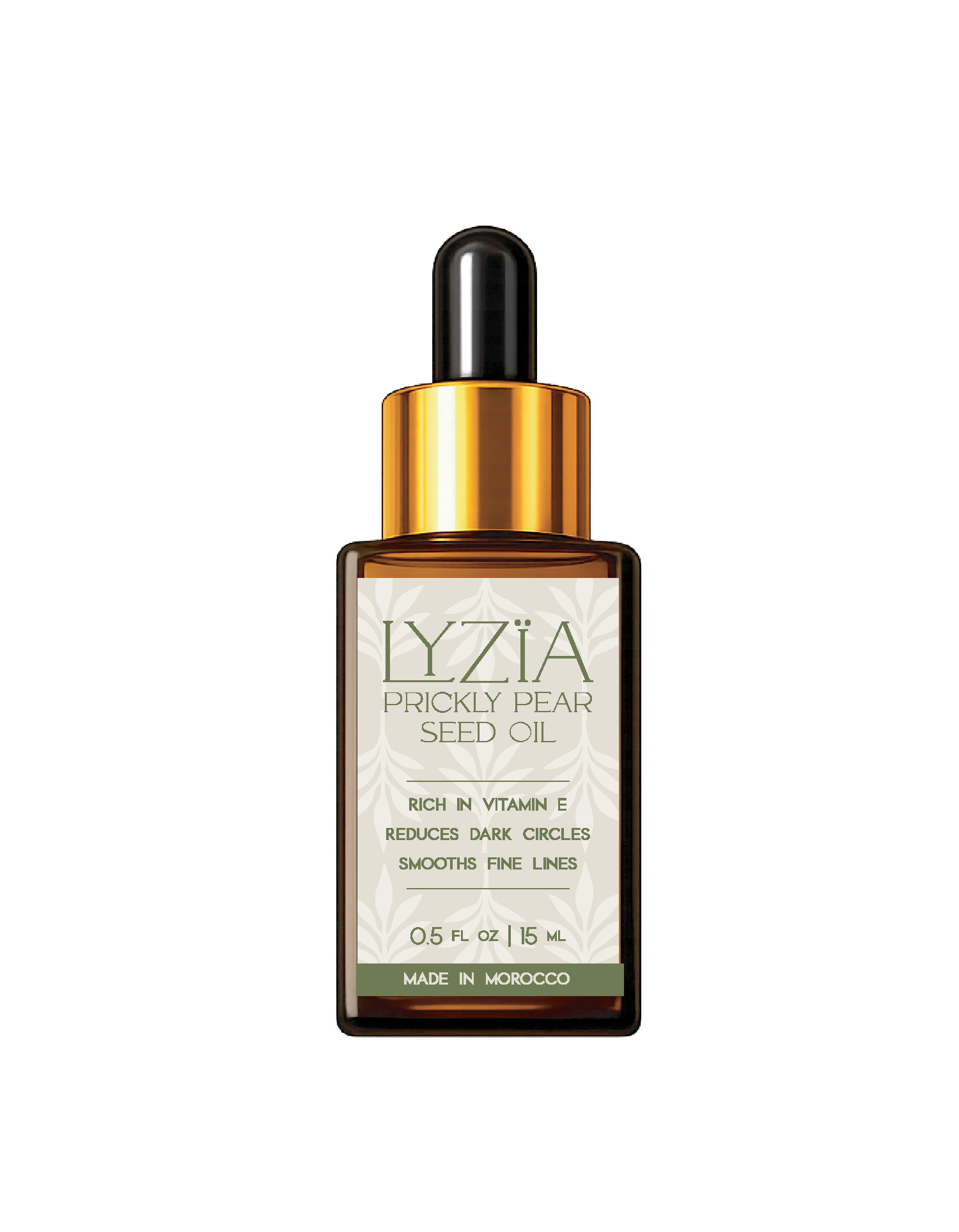 Bottle of YZIA Prickly Pear Seed Oil with a black cap, gold collar, and a white label indicating it is rich in Vitamin E, reduces dark circles, and smooths fine lines, made in Morocco.