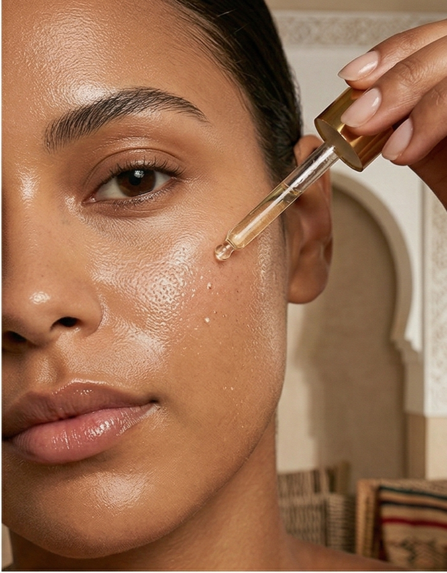 A woman applies skincare serum to her face using a dropper in a close-up shot.