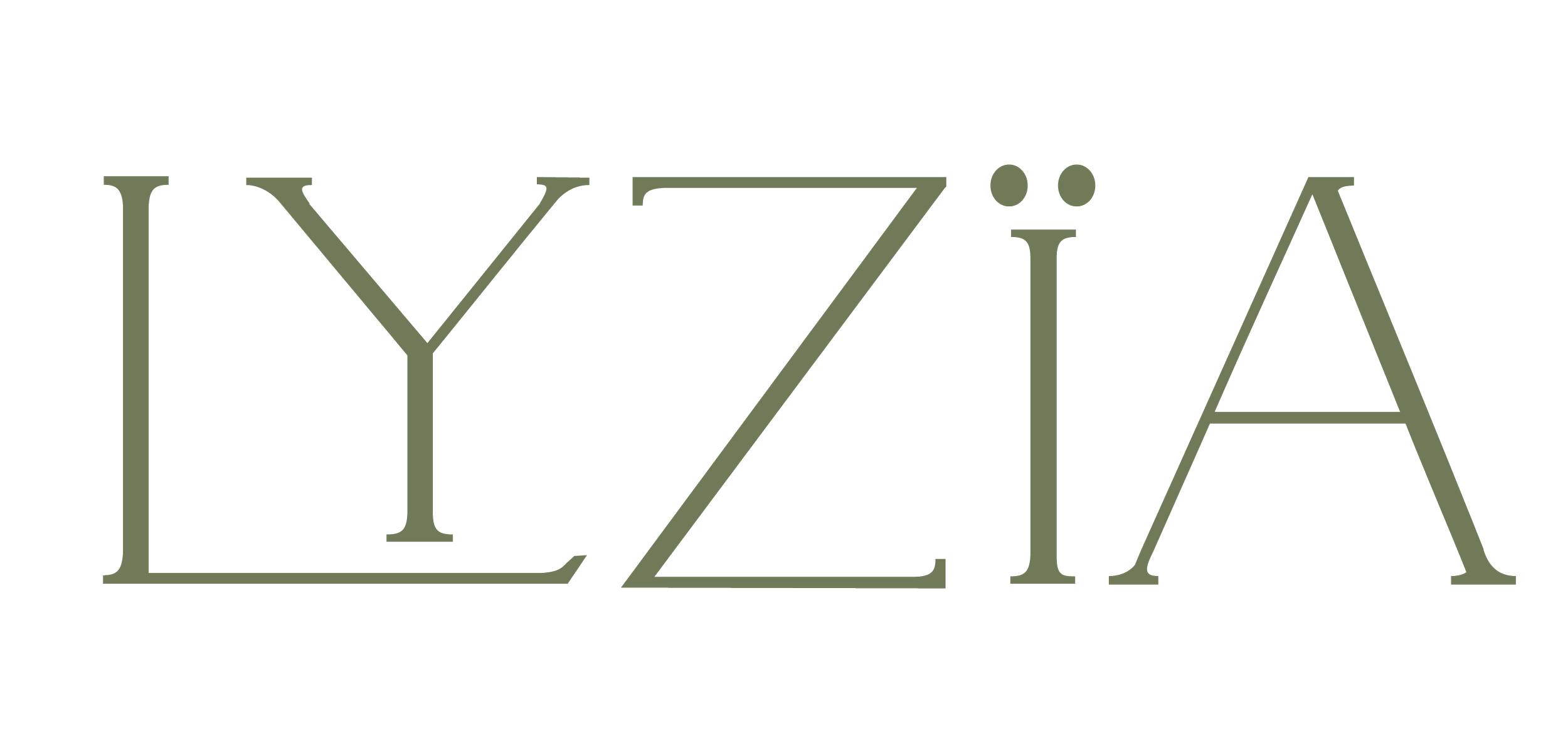 Stylized text graphic saying "LYZIA" in thin, uppercase, serif font with olive green color on a black background.