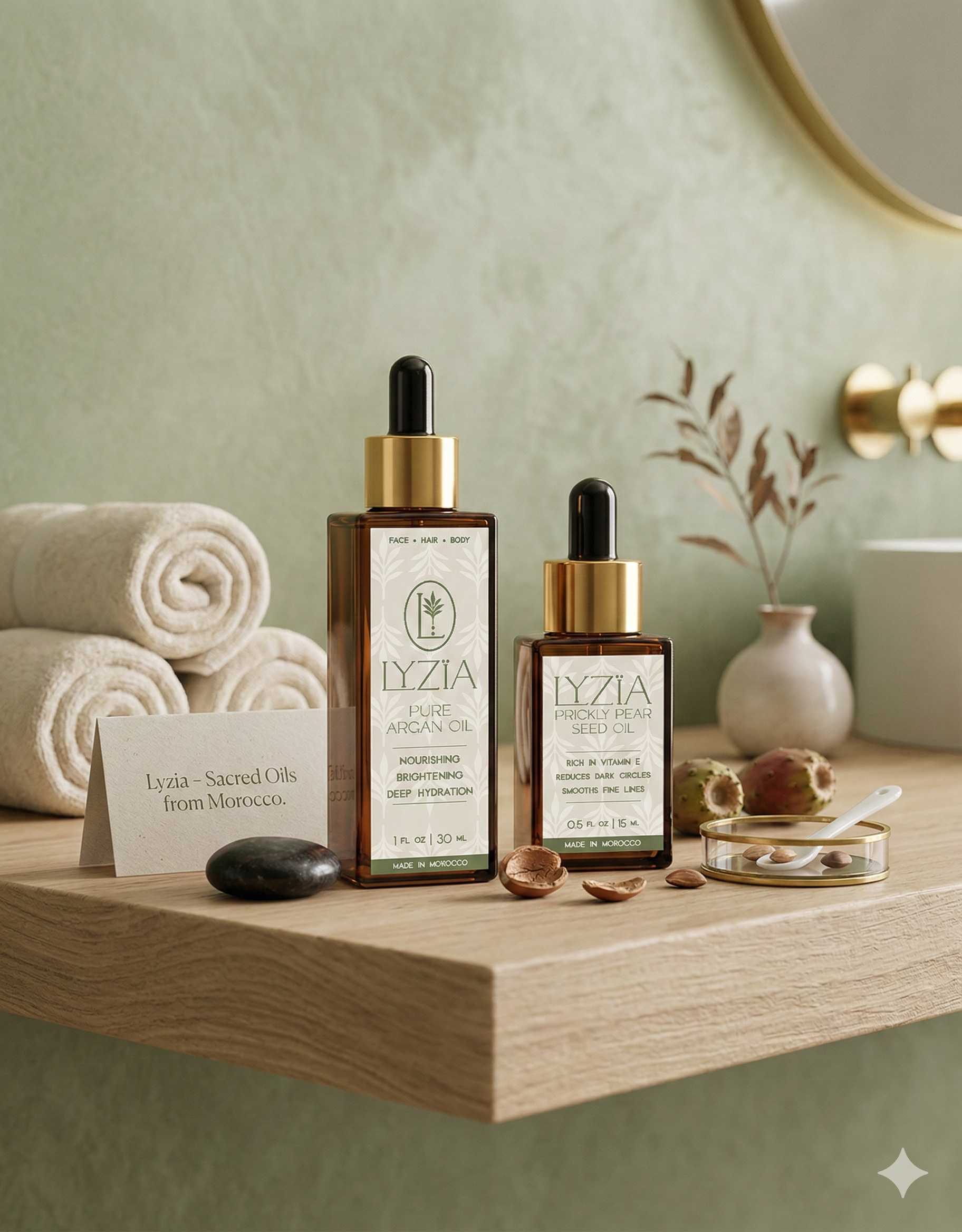 Two bottles of skincare products on a wooden shelf, with towels, stones, and a small sign that reads 'Lyzia - Sacred Oils from Morocco' in a bathroom setting.