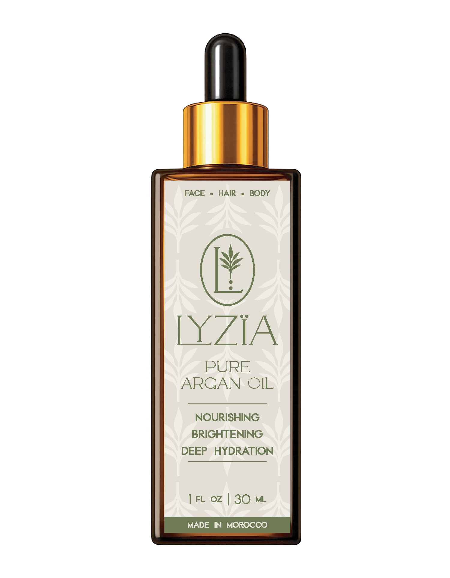 A bottle of IYZIA Pure Argan Oil with a gold and black dropper cap. The label indicates it is for face, hair, and body, and highlights benefits such as nourishing, brightening, and deep hydration. The bottle holds 1 fluid ounce or 30 milliliters and is made in Morocco.