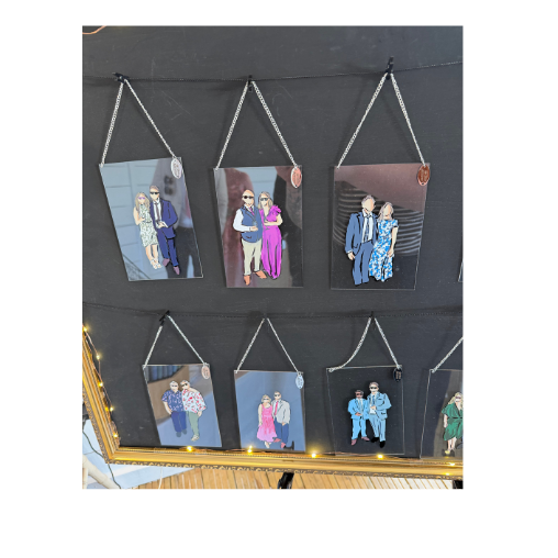 Set of six hanging posters featuring live wedding illustrations of people in various outfits, arranged in two rows on a black background.