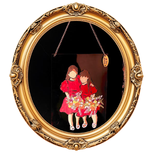 Painting of two girls in red dresses holding bouquets of flowers, framed in an ornate gold circular frame.