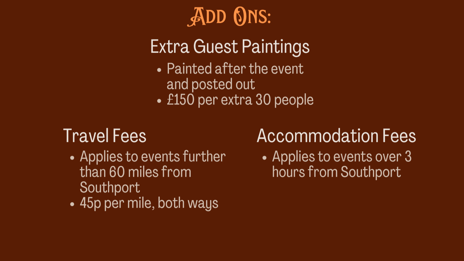 A pricing chart for live wedding illustration extras