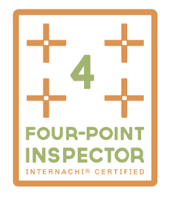 Four-point inspector logo with a green number 4, orange border, and text 'Four-Point Inspector' and 'InterNACHI Certified'.