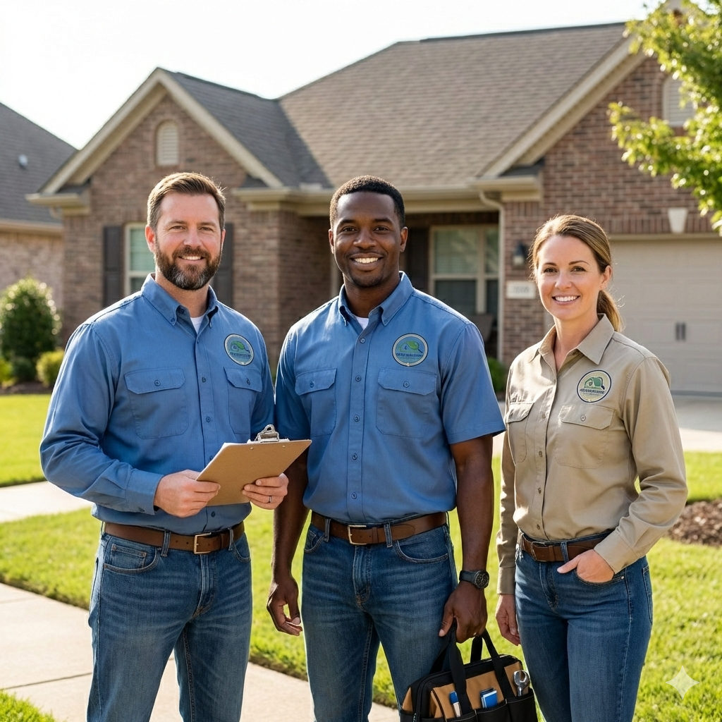 Three people standing outside in front of a house, smiling at the camera. They are wearing work uniforms with badges, and one is holding a clipboard and a toolbox.