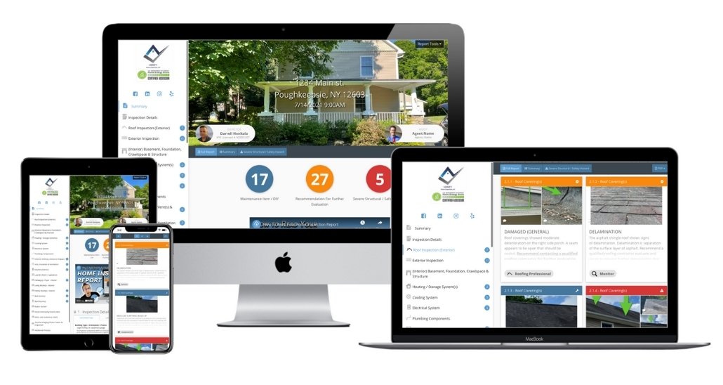 Multiple electronic devices displaying a home inspection report, including an iPad, iPhone, MacBook, and an iMac, showing detailed home inspection data and images.