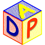 Colorful toy block with the letters 'A', 'D', and 'P' on the sides.